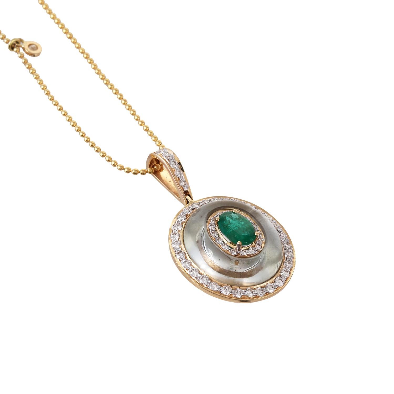 Oval Cut 1.12 Carat Emerald Pressiolite And Diamond 18kt Yellow Gold Pendant Necklace For Sale