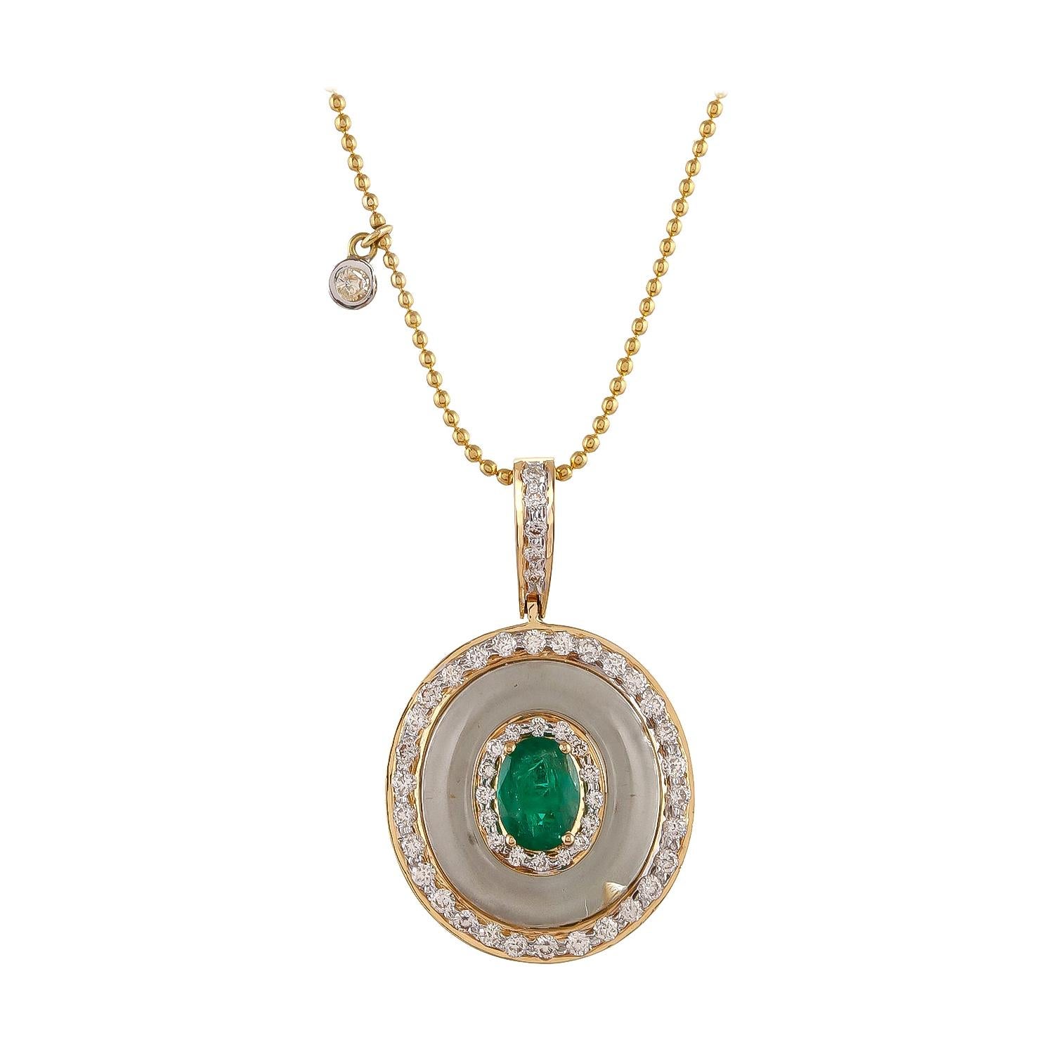 1.12 Carat Emerald Pressiolite And Diamond 18kt Yellow Gold Pendant Necklace For Sale