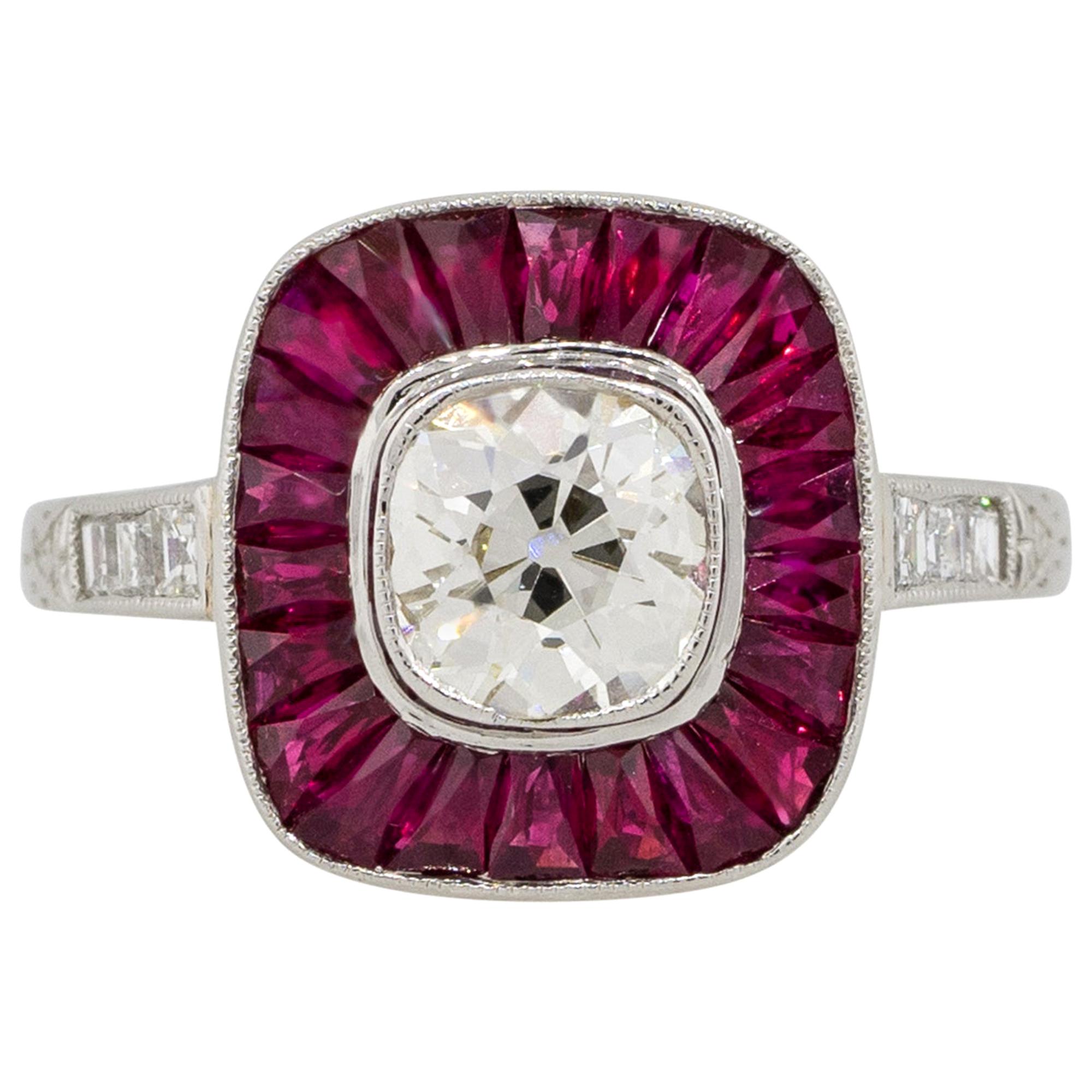 1.12 Carat Euro Cut Diamond Center Ring with Rubies Platinum in Stock