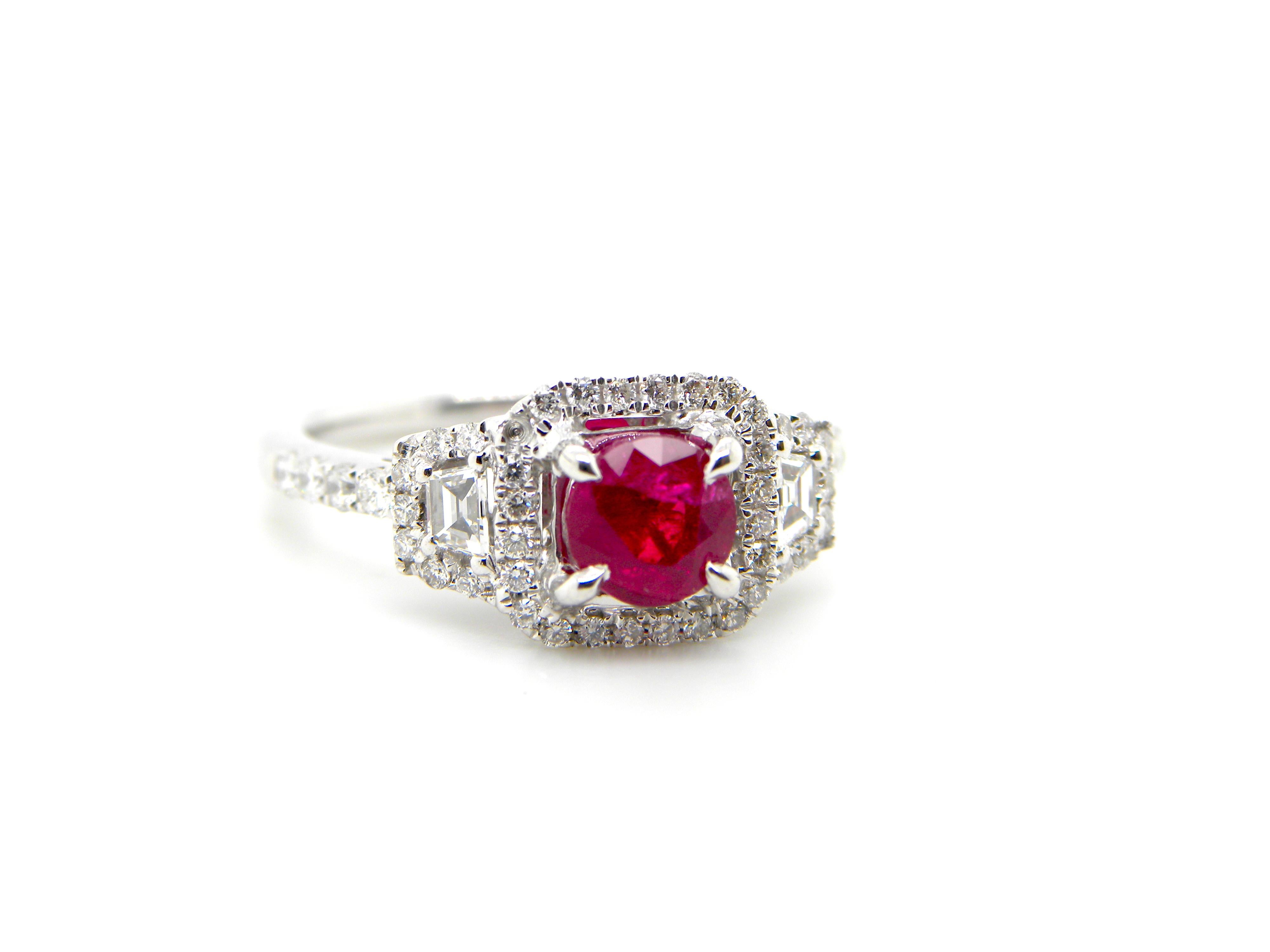 Contemporary 1.12 Carat GIA Certified Unheated Vivid Red Burmese Ruby and Diamond Gold Ring