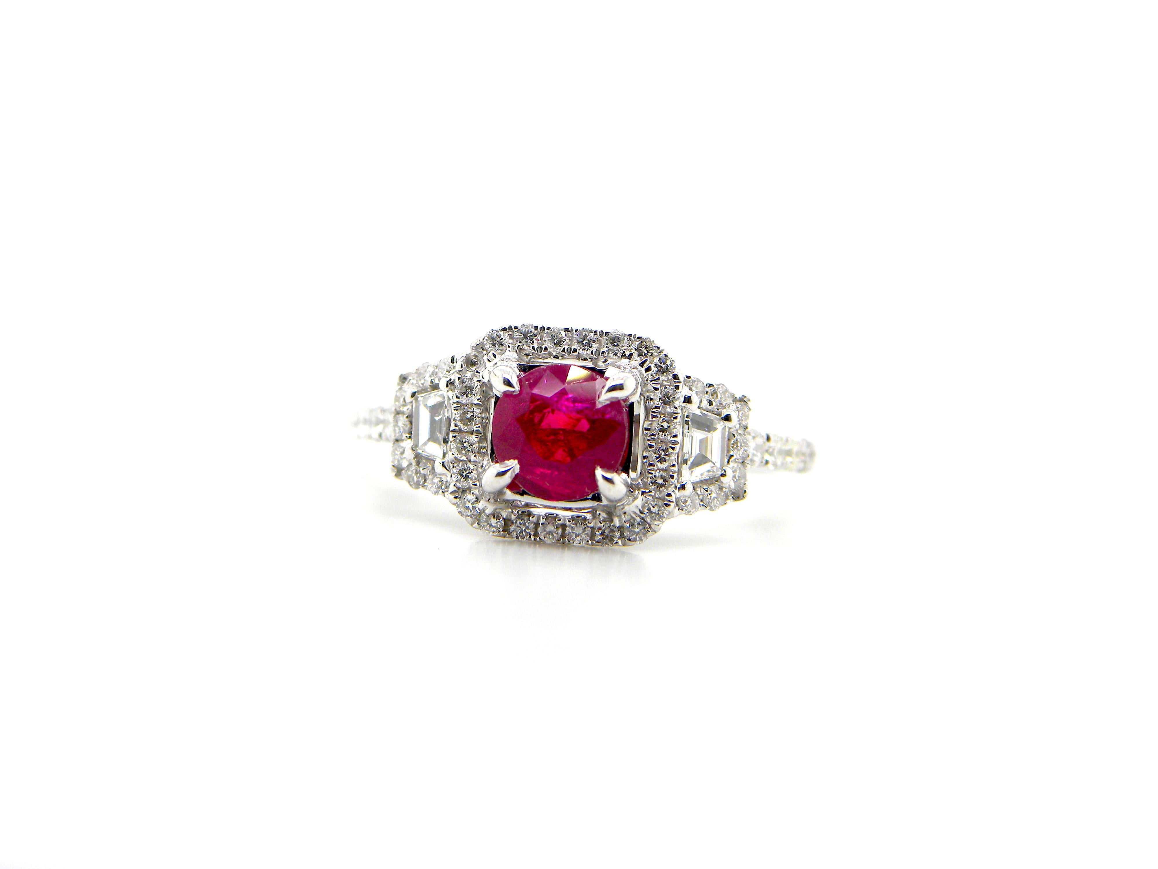Round Cut 1.12 Carat GIA Certified Unheated Vivid Red Burmese Ruby and Diamond Gold Ring