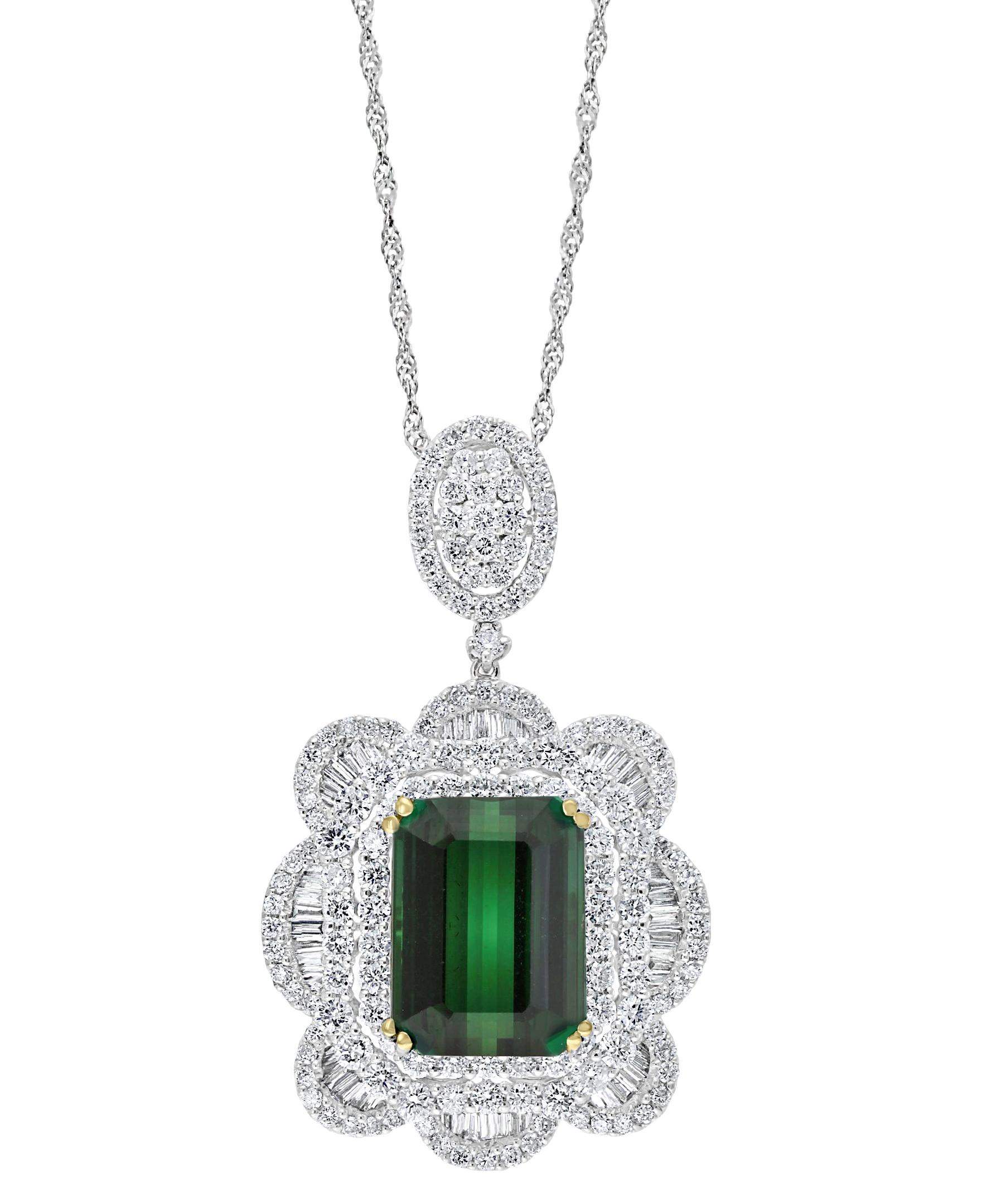 Women's 11.2 Carat Green Tourmaline & 4.5 Carat Diamond Pendant / Necklace 18 Karat Gold