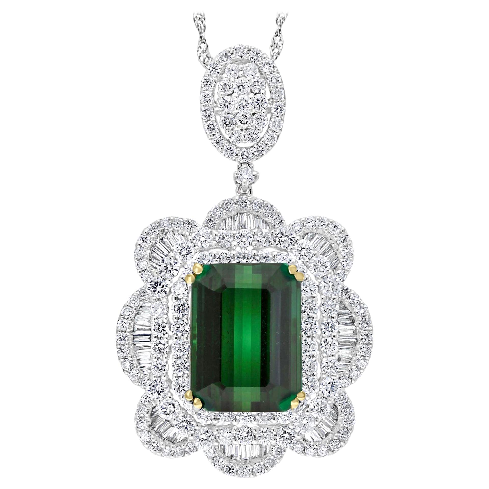 11.2 Carat Green Tourmaline & 4.5 Carat Diamond Pendant / Necklace 18 Karat Gold