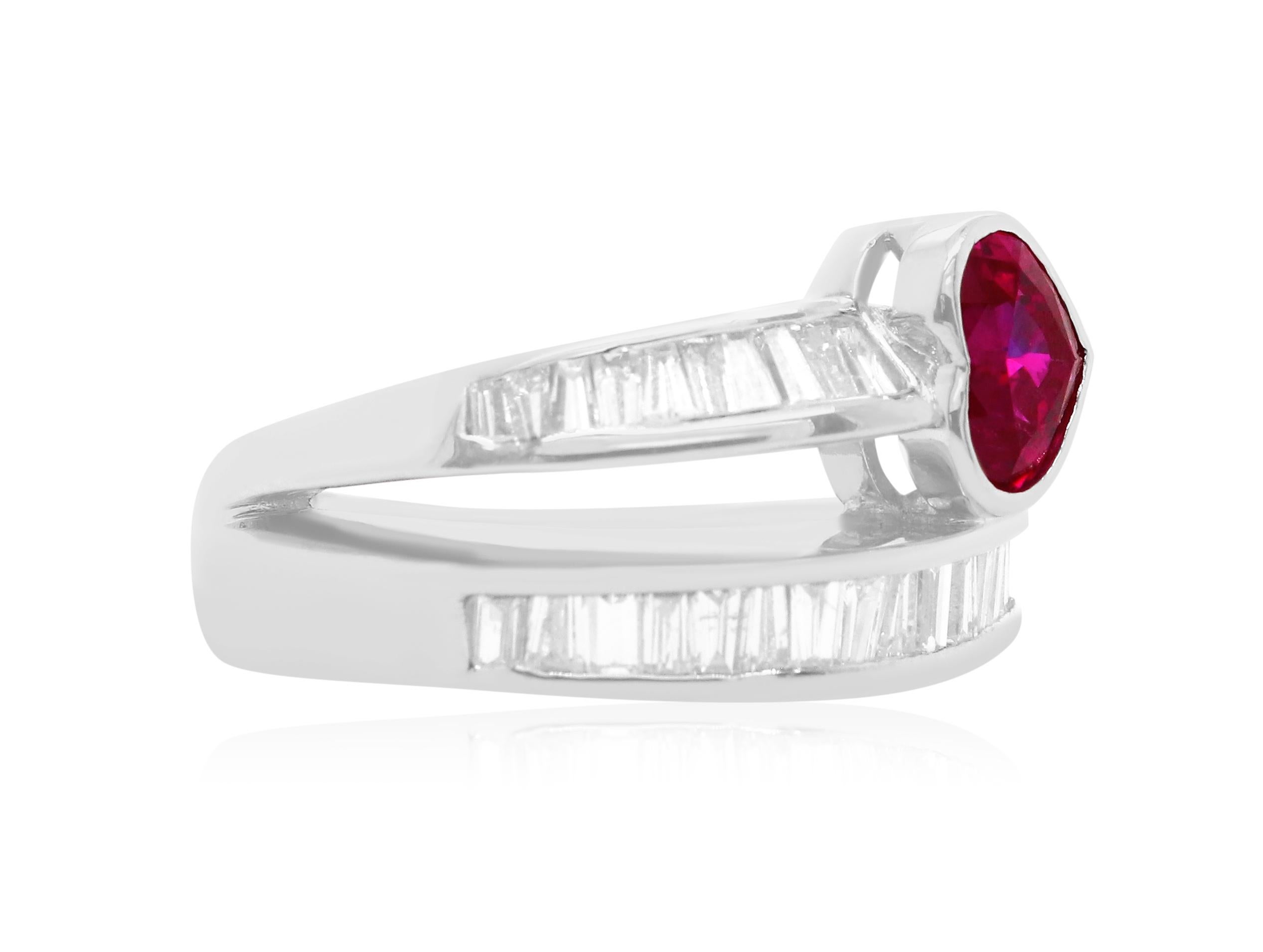 Material: Platinum
Center Stone Details: 1 Heart Shaped Ruby at Approximately 1.12 Carats
Mounting Diamond Details: 28 Brilliant Baguette Diamonds at 0.70 Carats - Clarity: SI / Color: H-I
Ring Size: 6. Complimentary sizing on all Alberto
