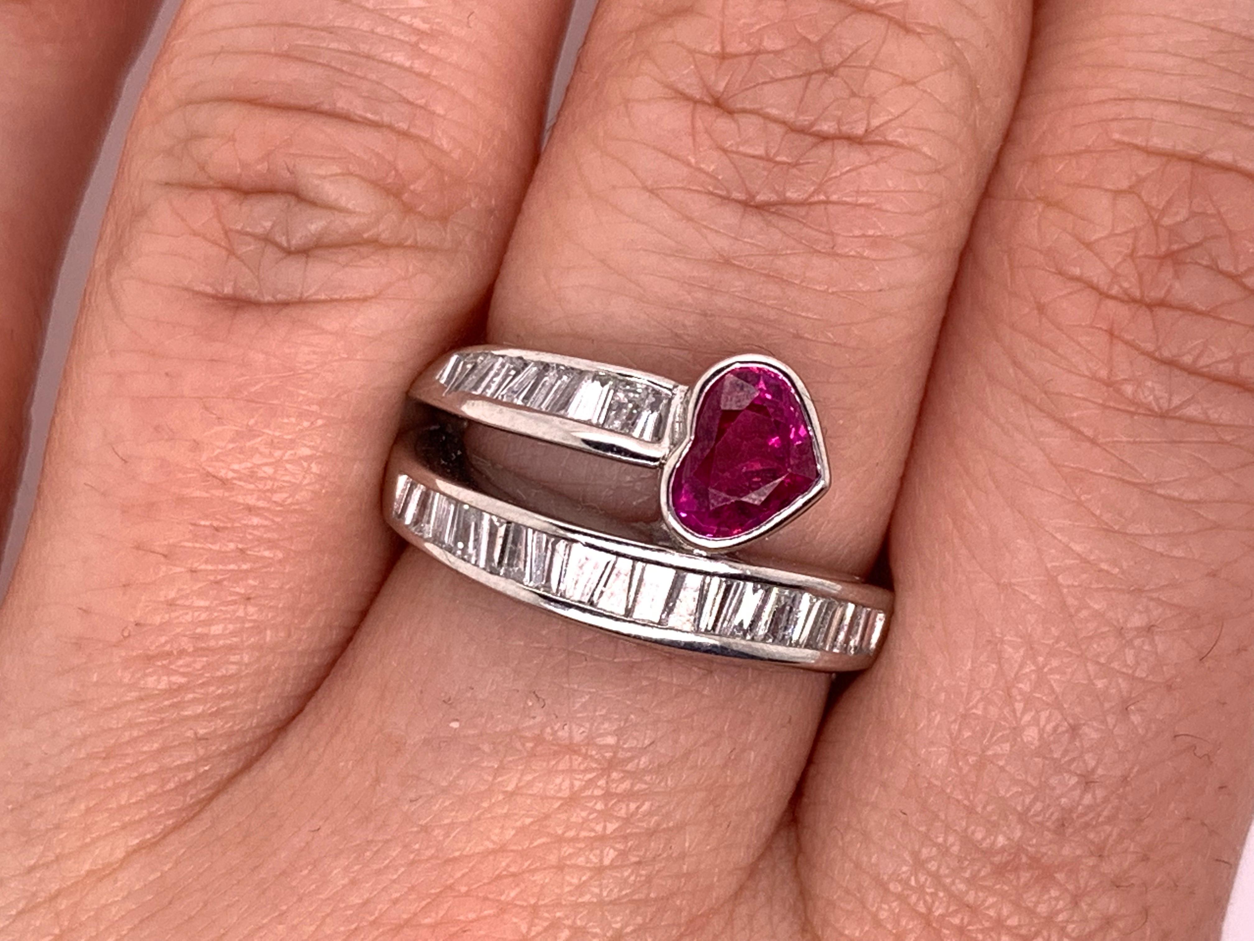 Contemporary 1.12 Carat Heart Shaped Ruby and Diamond Ring