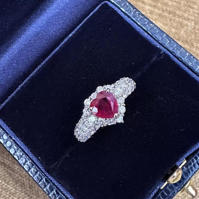 Women's 1.12 carat Heart Shaped Ruby and Diamond Ring in Platinum For Sale