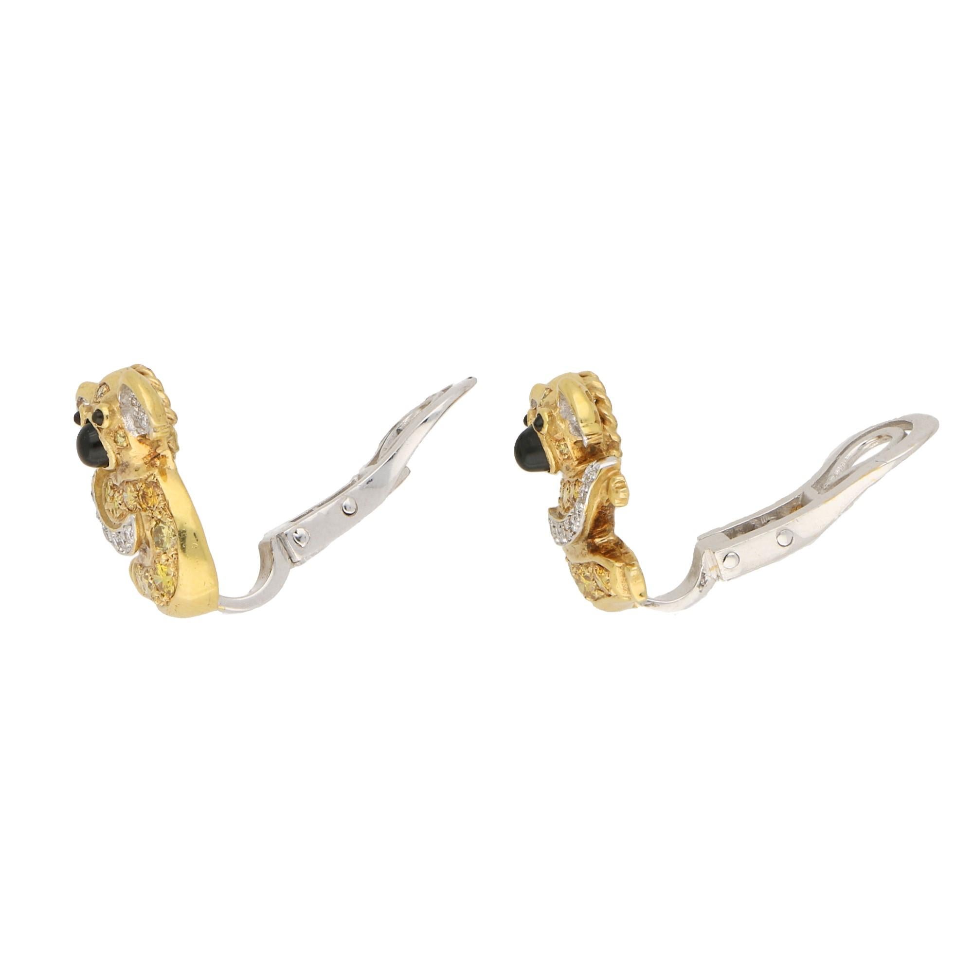 Yellow Diamond and Onyx Koala Clip On Earrings For Sale at 1stDibs