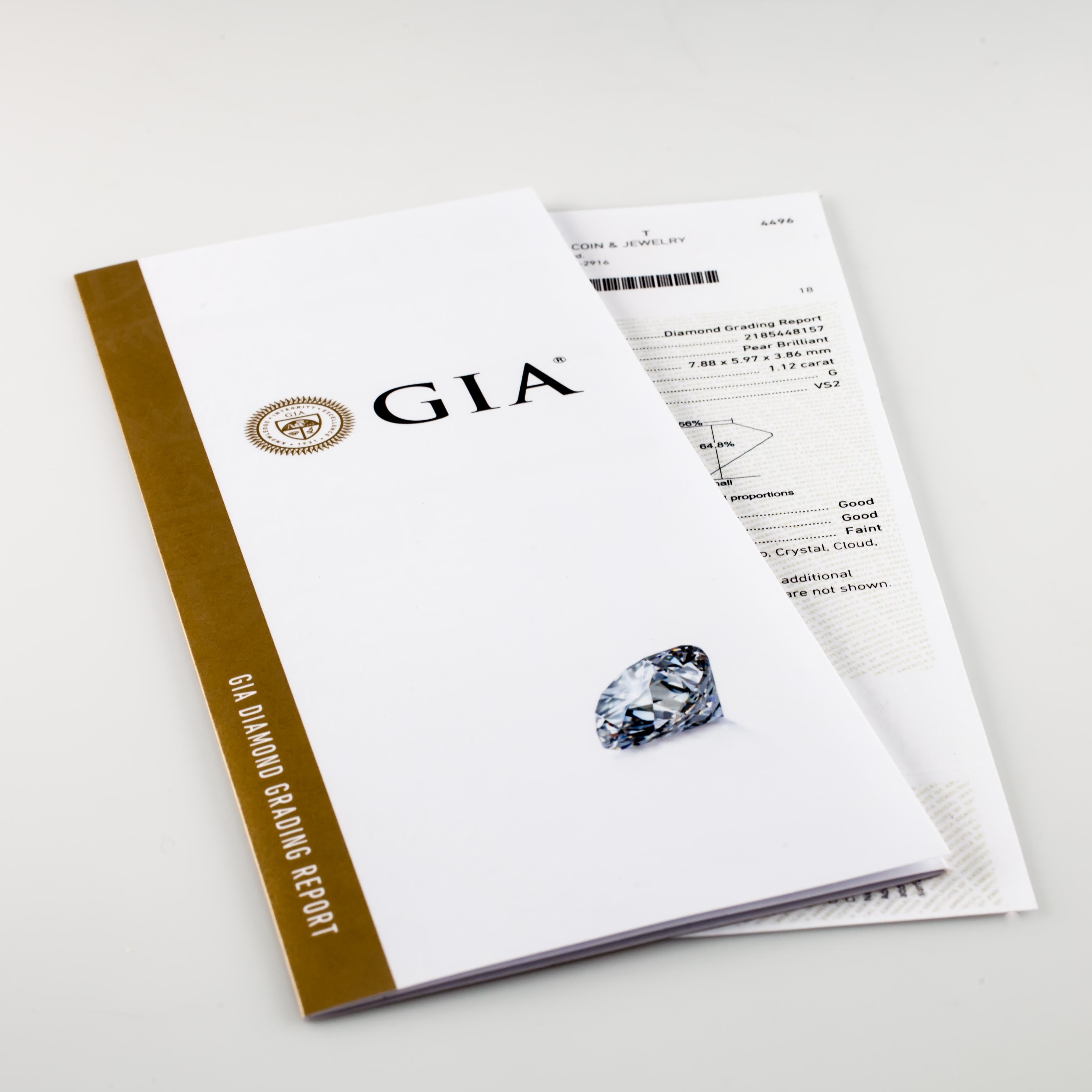Women's or Men's 1.12 Carat Loose G / VS2 Pear Shaped Cut Diamond GIA Certified For Sale