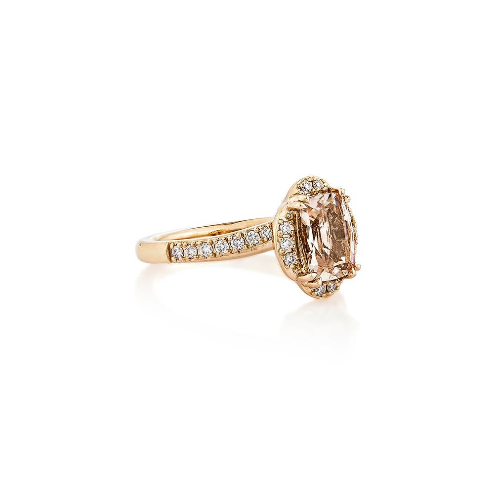 This collection includes a range of Morganite, which is a symbol of love and relationships, making it an excellent choice for a variety of applications. Accented with White Diamonds this ring is made in Rose Gold and present a classic yet elegant