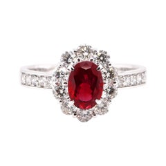 1.12 Carat, Natural, Ruby and Diamond Halo Ring Set Platinum