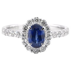 1.12 Carat Natural Sapphire and Diamond Halo Ring Set in Platinum