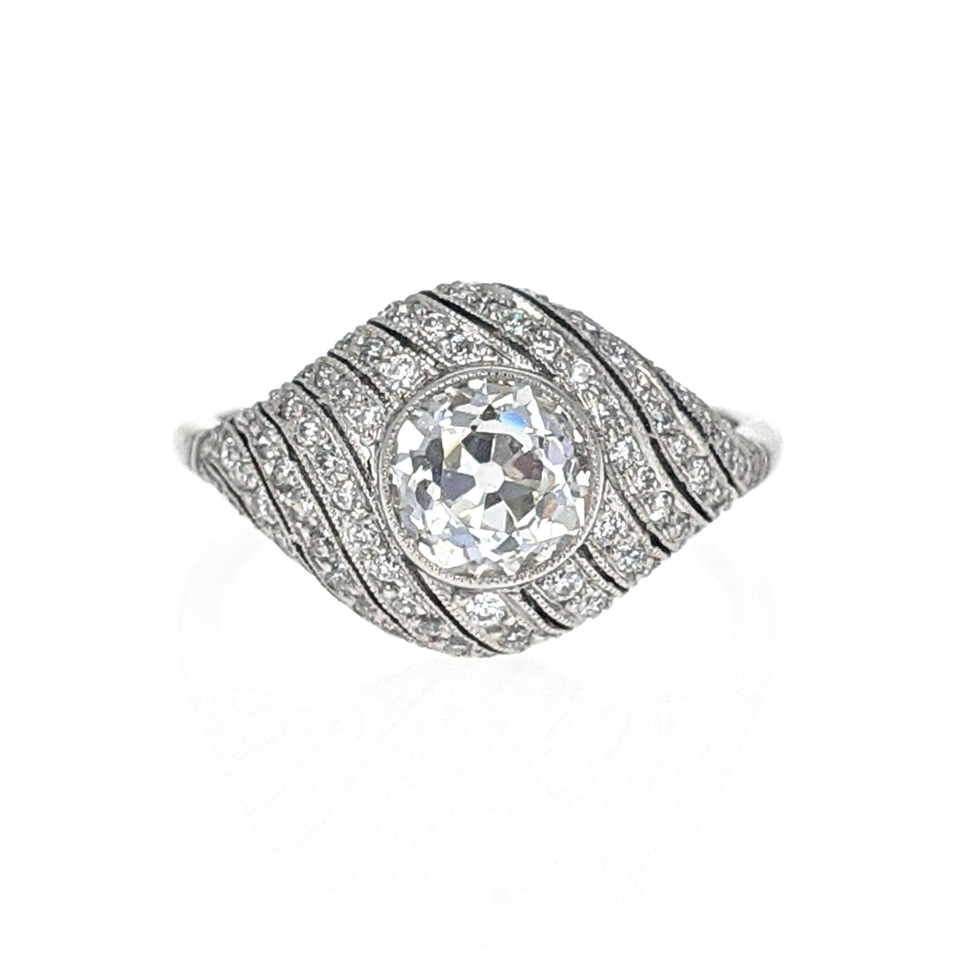 1.12 Carat Old European Cut Diamond Platinum Dome Engagement Ring In Excellent Condition In New York, NY
