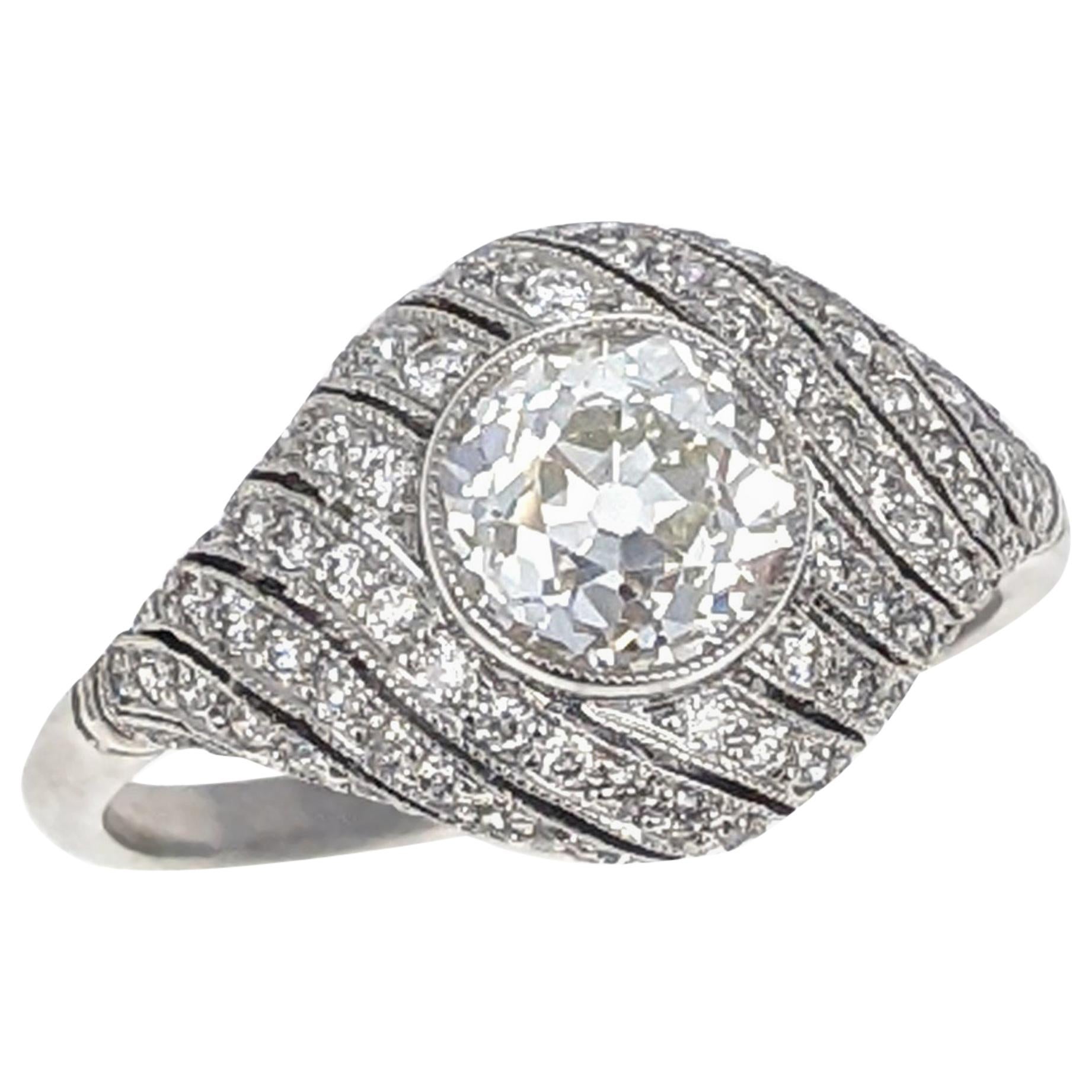 1.12 Carat Old European Cut Diamond Platinum Dome Engagement Ring