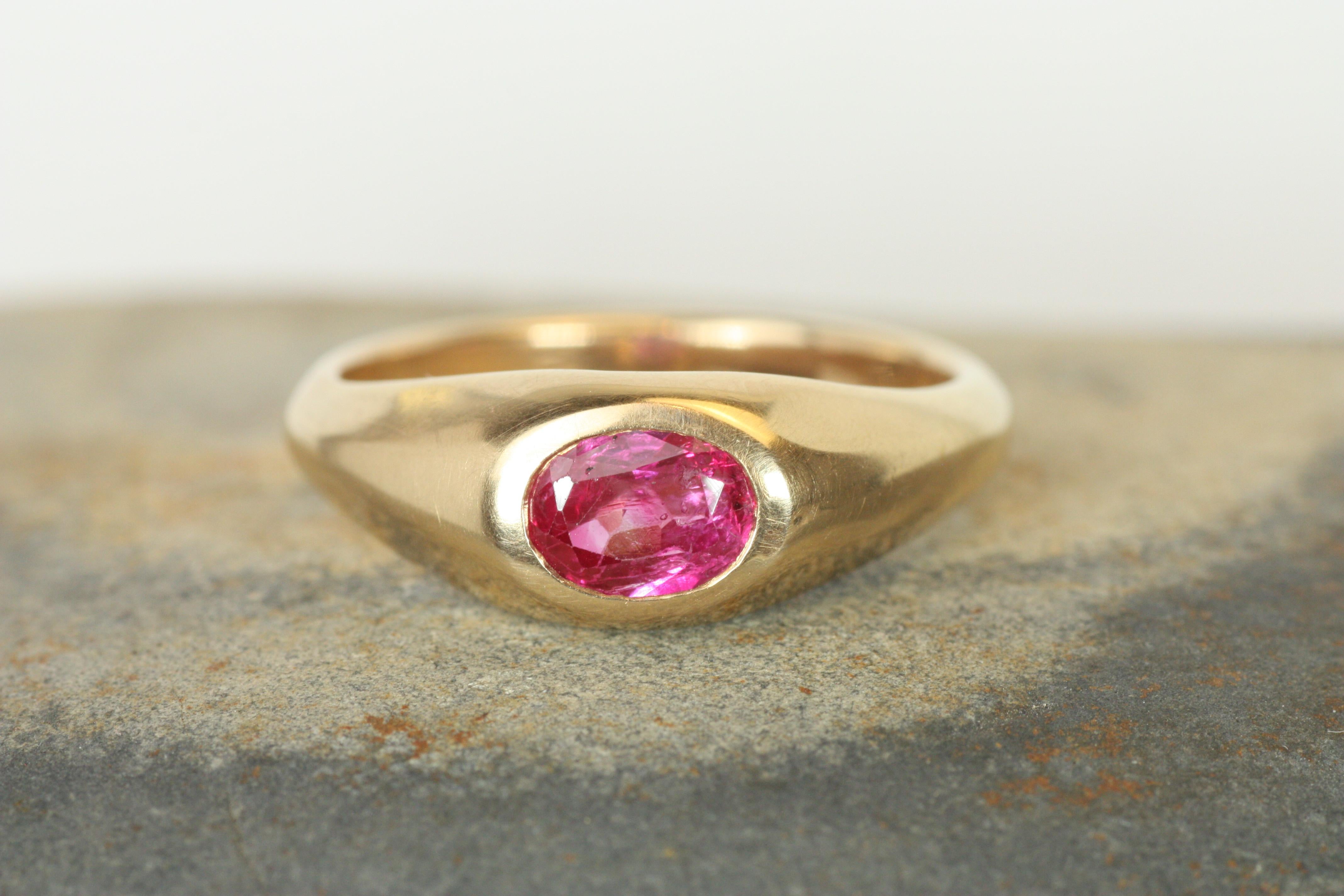 Oval Cut 1.12 Carat Oval Burmese Ruby Gypsy Ring in 14K Rose Gold Handmade For Sale