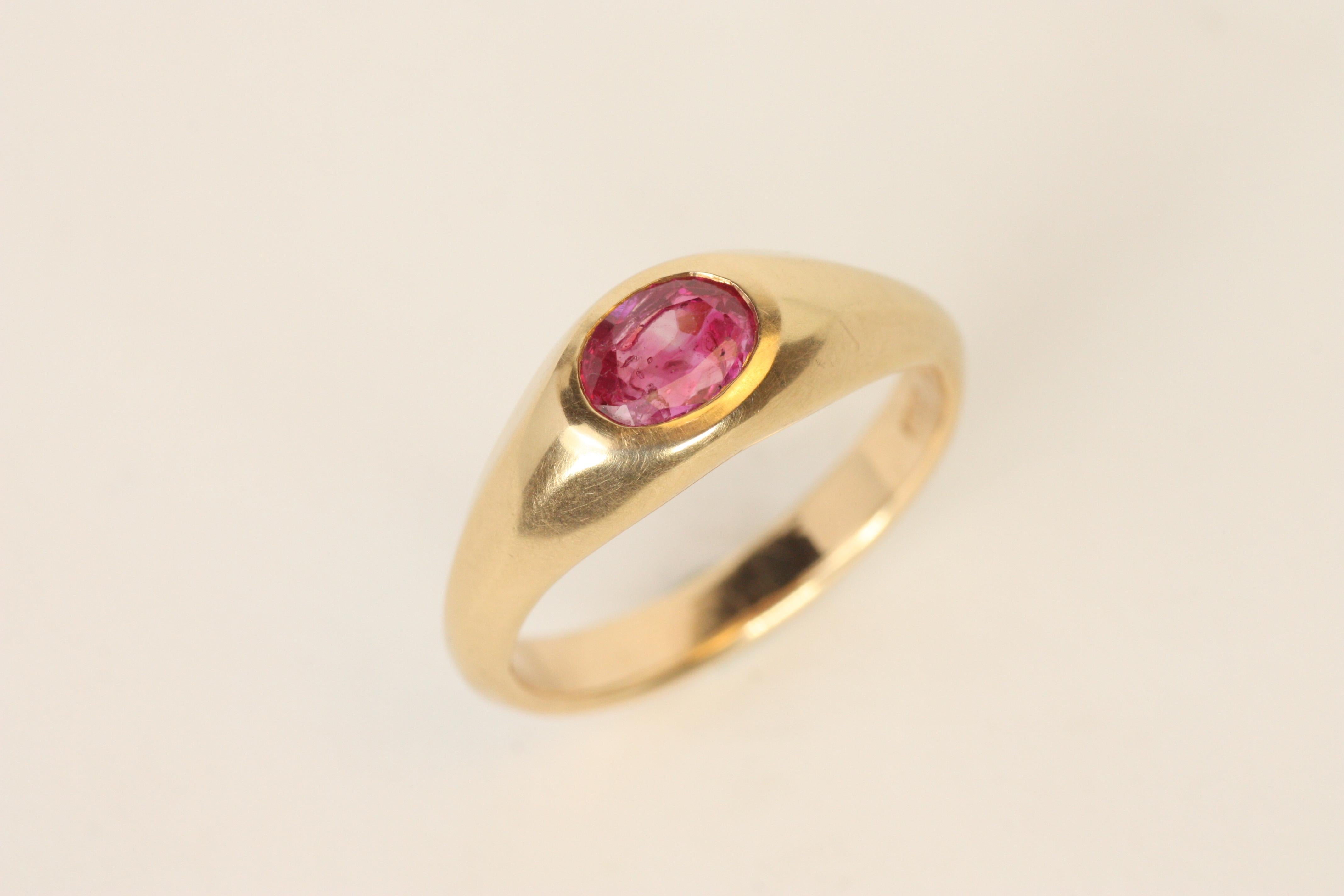 Women's 1.12 Carat Oval Burmese Ruby Gypsy Ring in 14K Rose Gold Handmade For Sale