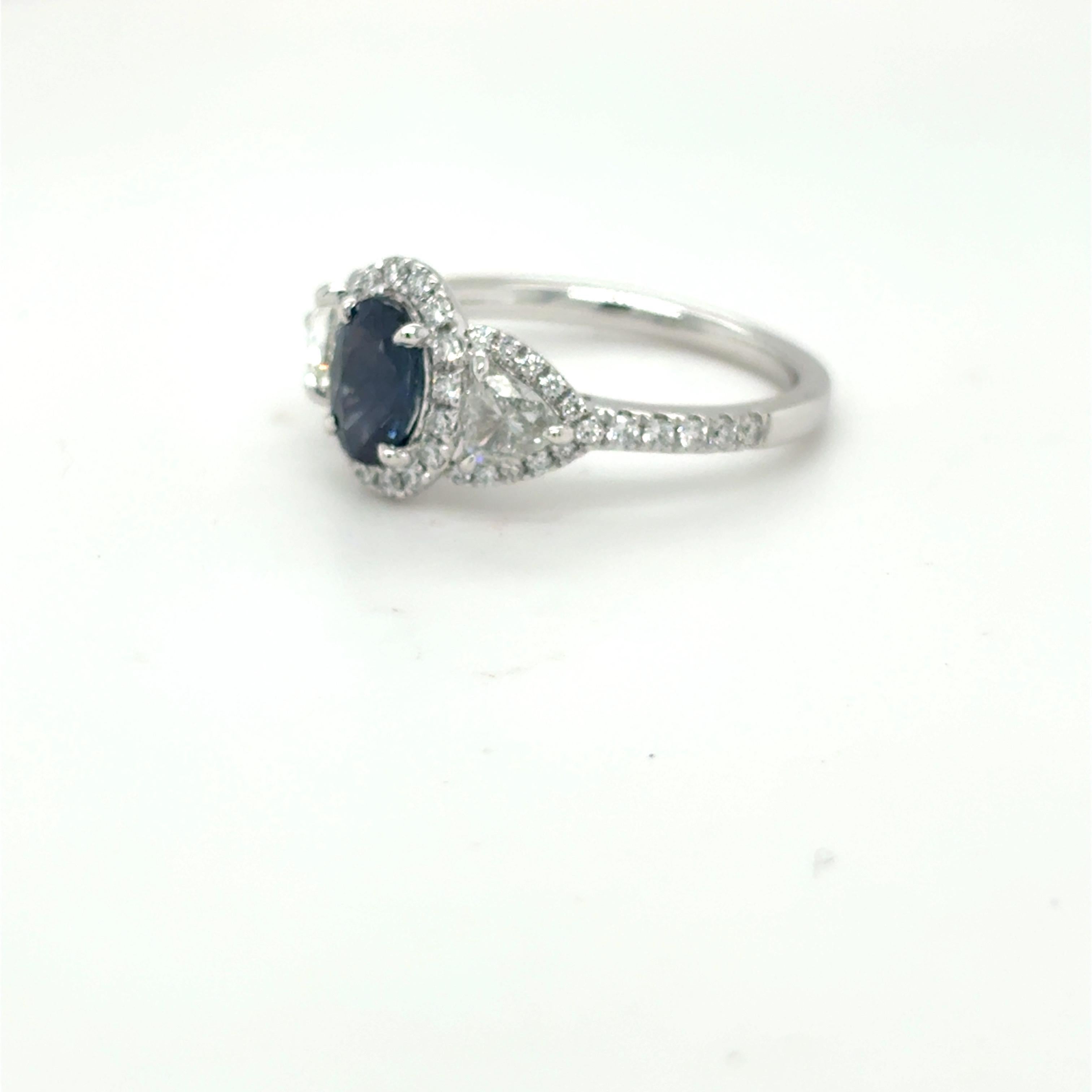 1.12 Carat Oval Cut Blue Sapphire Diamond Platinum Ring For Sale 8