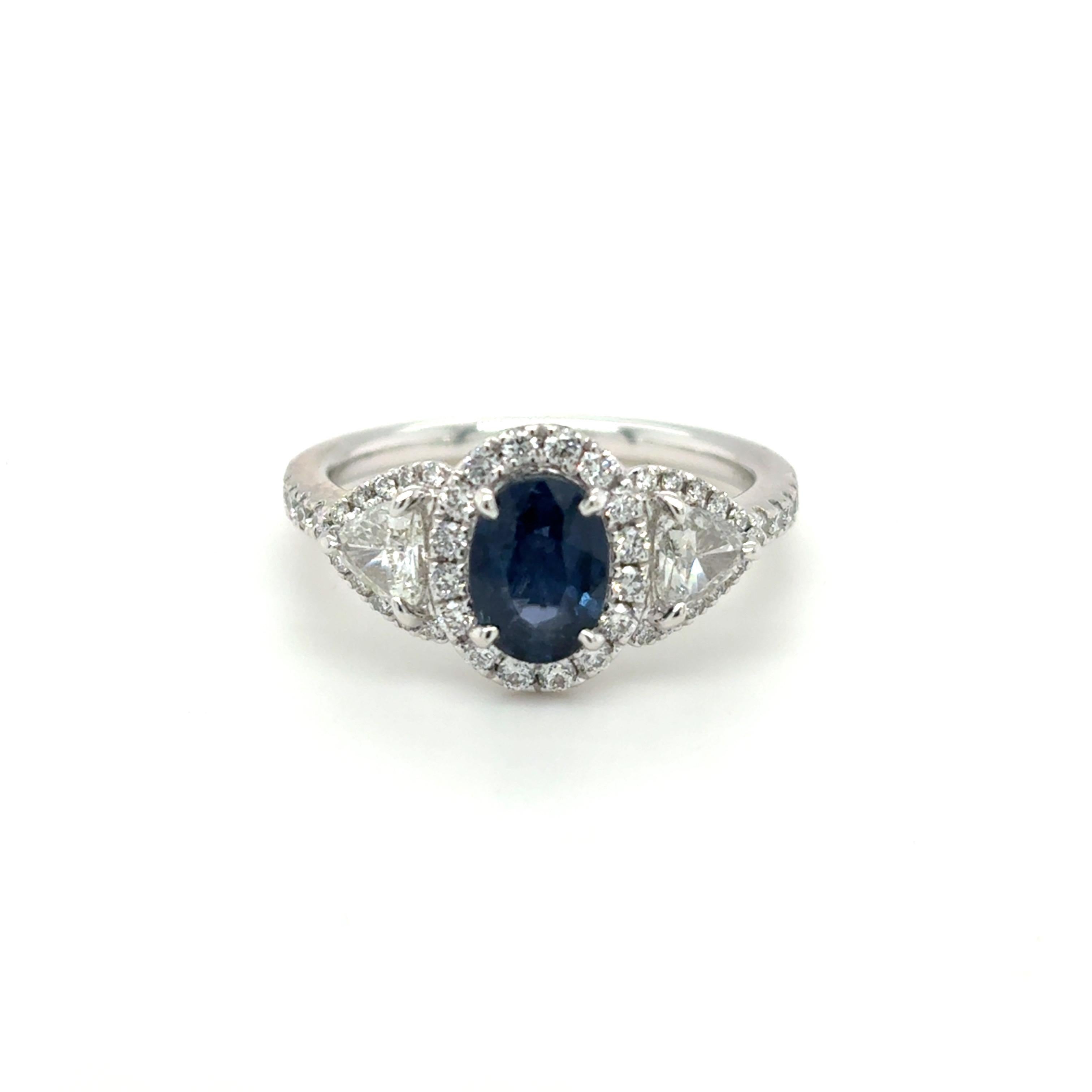 Artisan 1.12 Carat Oval Cut Blue Sapphire Diamond Platinum Ring For Sale