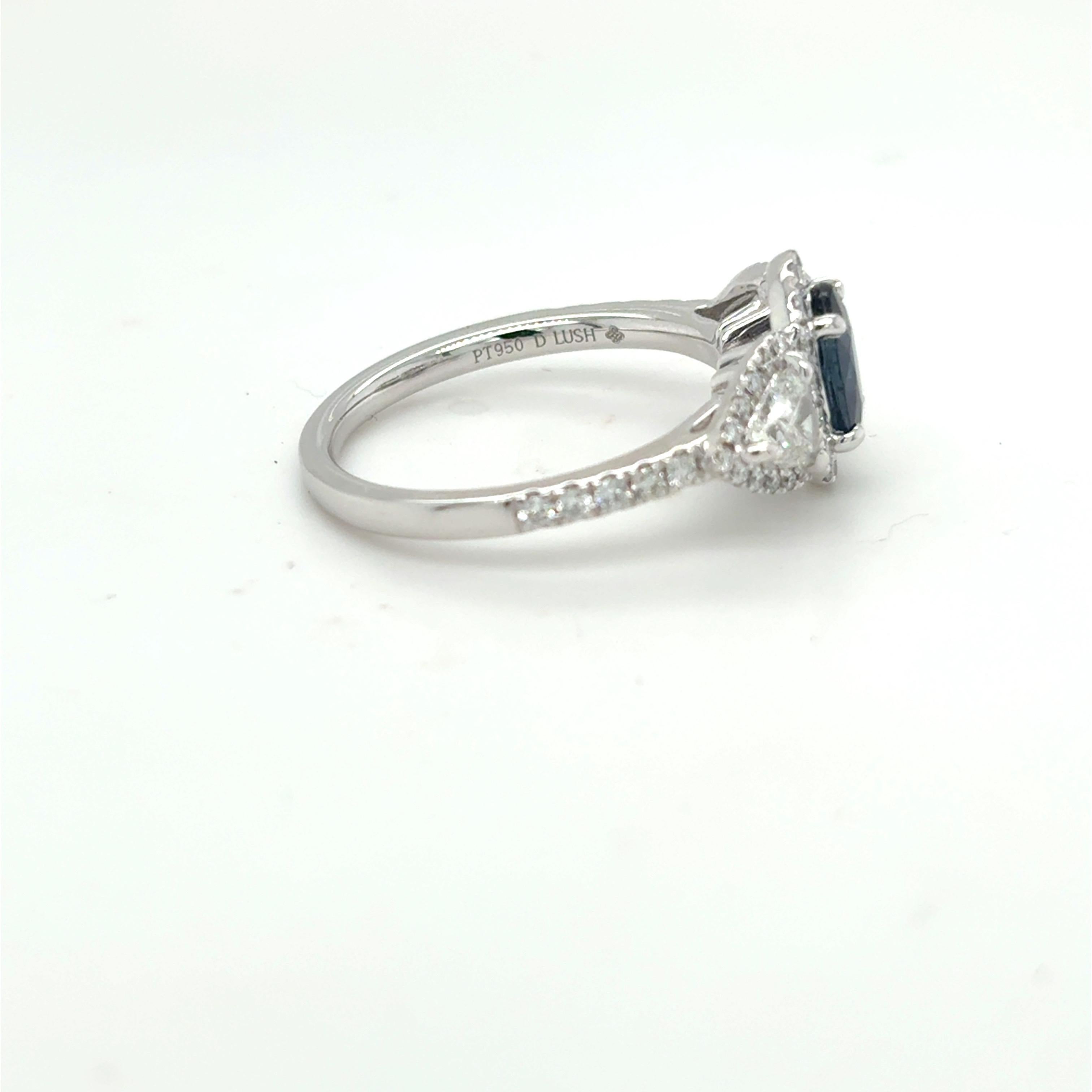 1.12 Carat Oval Cut Blue Sapphire Diamond Platinum Ring For Sale 2