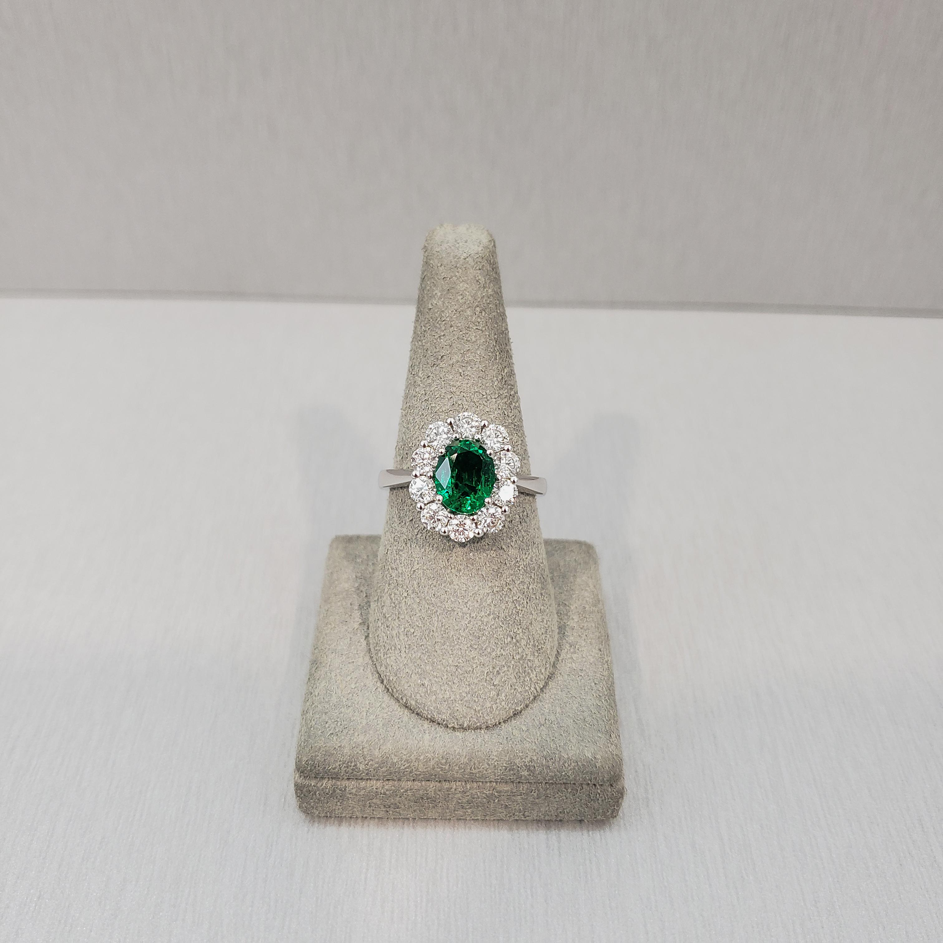 Contemporary Roman Malakov 1.12 Carat Oval Cut Green Emerald and Diamond Halo Engagement Ring For Sale