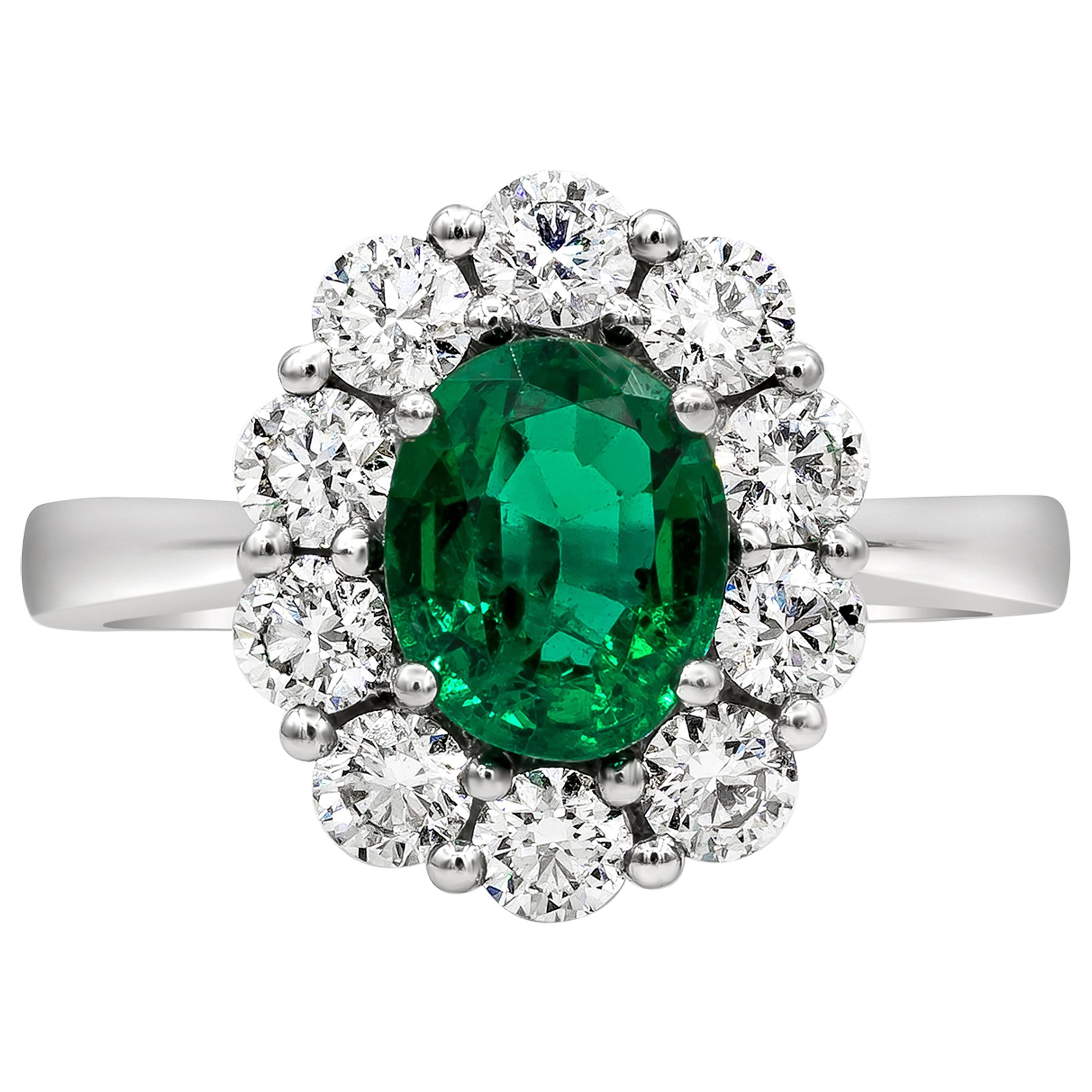 Roman Malakov 1.12 Carat Oval Cut Green Emerald and Diamond Halo Engagement Ring For Sale