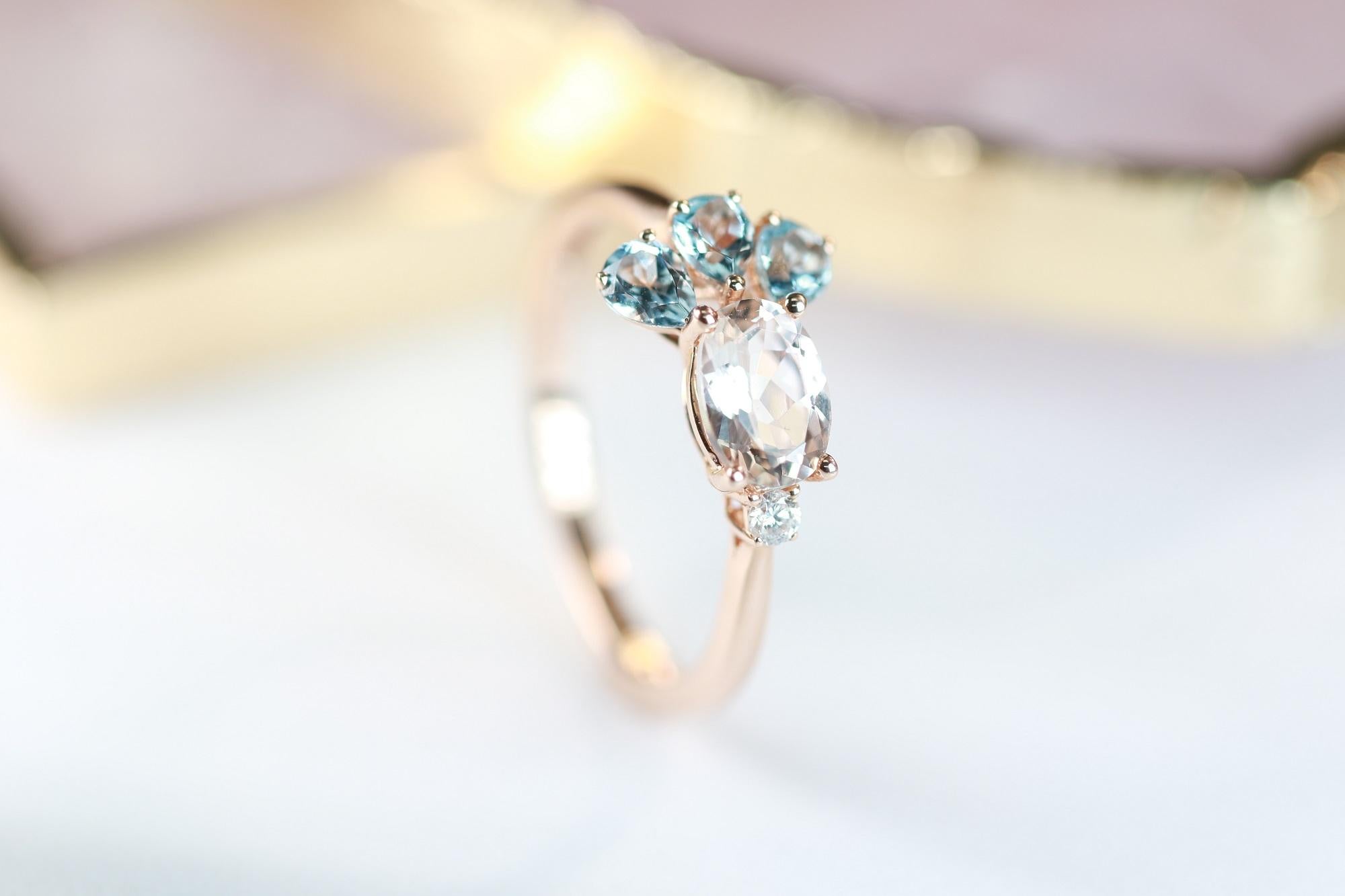 Stunning, timeless and classy eternity Unique Ring. Decorate yourself in luxury with this Gin & Grace Ring. The 14k Rose Gold jewelry boasts Oval Cut Prong Setting Genuine Morganite (1 pcs) 0.72 Carat, Pear Cut Aquamarine (3 pcs) 0.40 carat, along