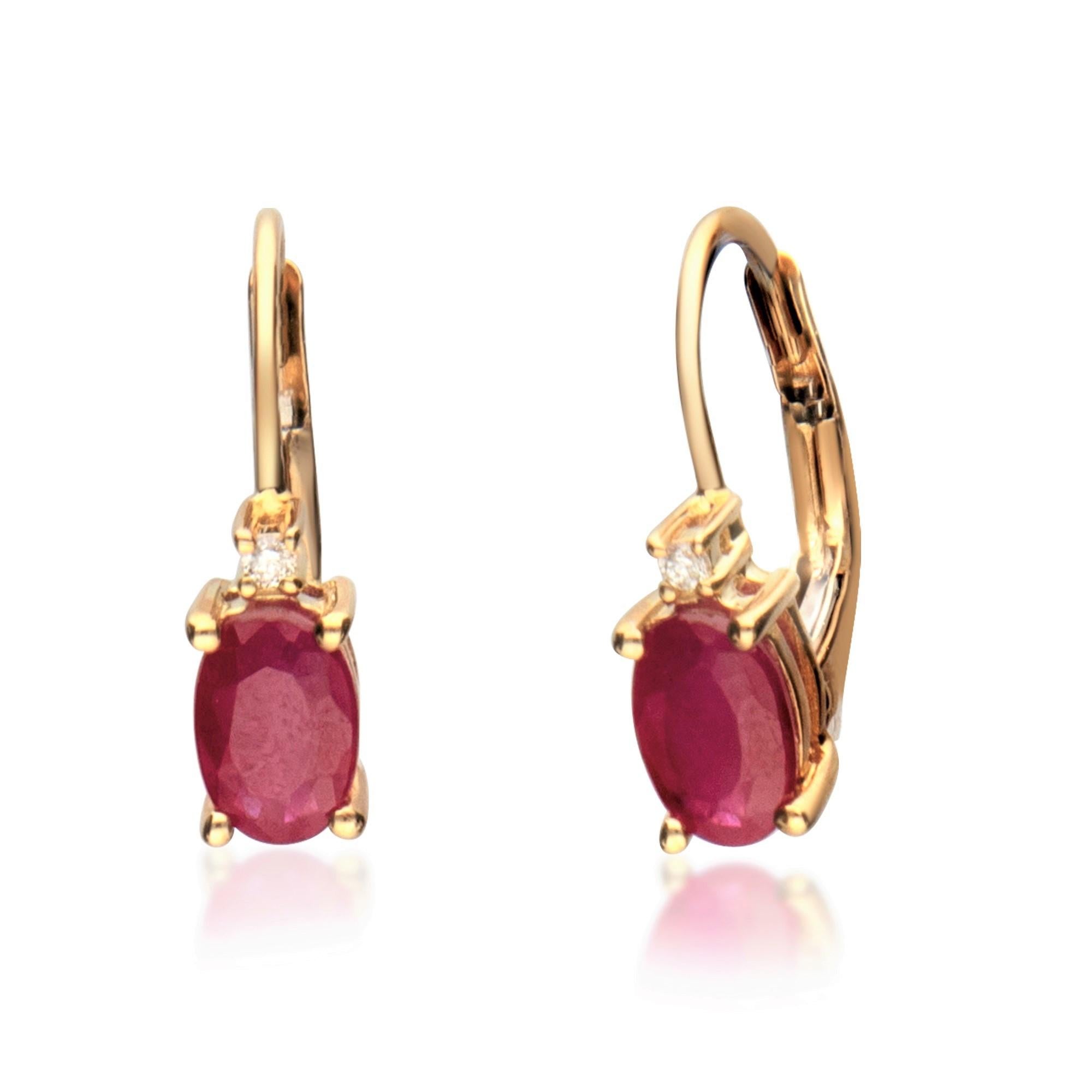 Decorate yourself in elegance with this Earring is crafted from 10K Yellow Gold by Gin & Grace Earring. This Earring is made up of 6X8 Oval-Cut prong setting Genuine Ruby (2 pcs) 1.12 Carat and Round-Cut prong setting Diamond (2 pcs) 0.02 Carat.