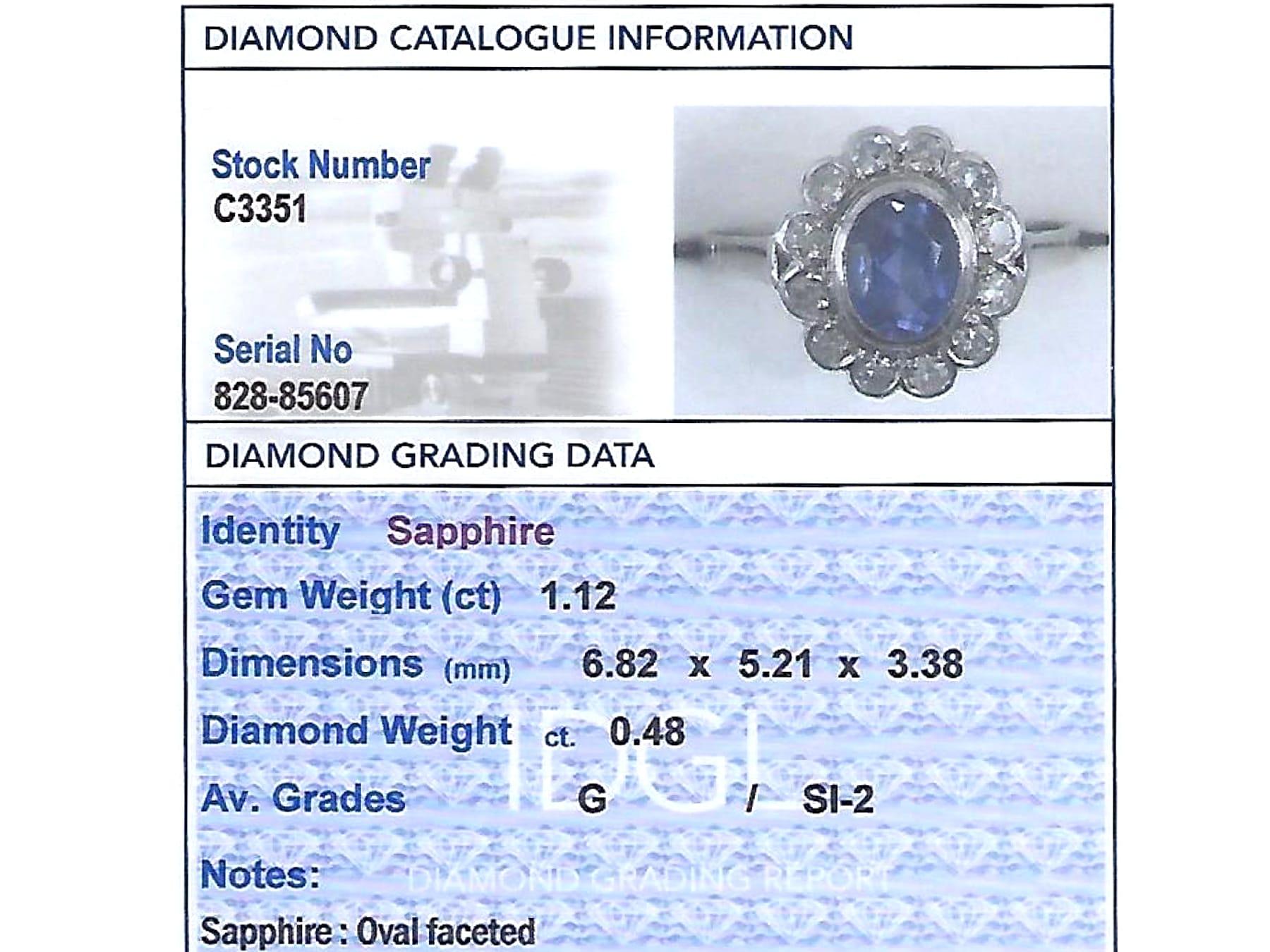 1.12 Carat Oval Cut Sapphire and Diamond Platinum Cluster Ring Circa 1930 For Sale 2