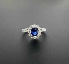 1.12 Carat Oval-Cut Sapphire Diamond Floral Cocktail Ring 18K White Gold