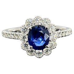 1.12 Carat Oval-Cut Sapphire Diamond Floral Cocktail Ring 18K White Gold