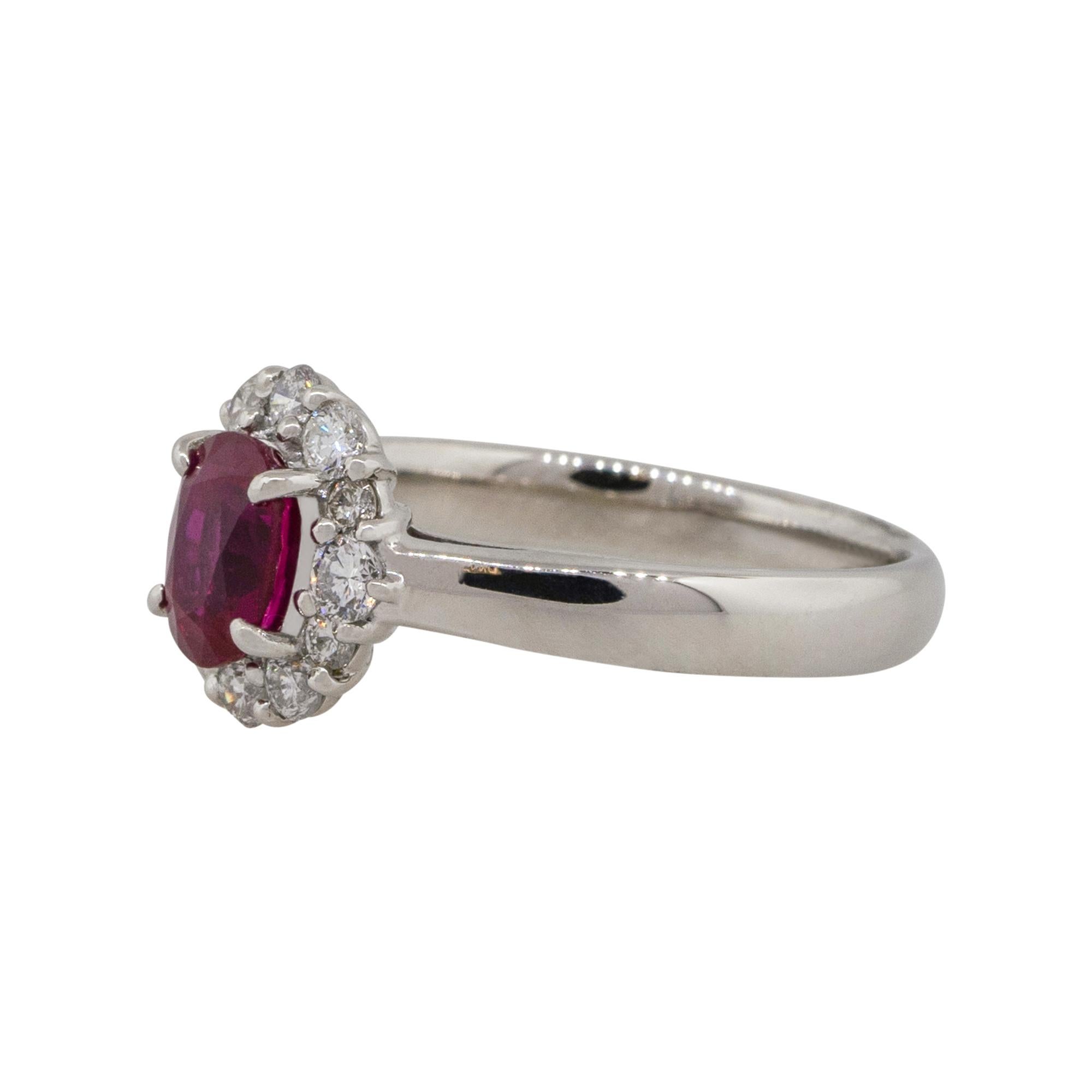 Material: Platinum
Gemstone details: Approx. 1.12ctw oval shaped Ruby center gemstone
Diamond details: Approx. 0.41ctw of round and baguette cut Diamonds. Diamonds are G/H in color and VS in clarity
Ring Size: 6.25 
Ring Measurements: 0.75