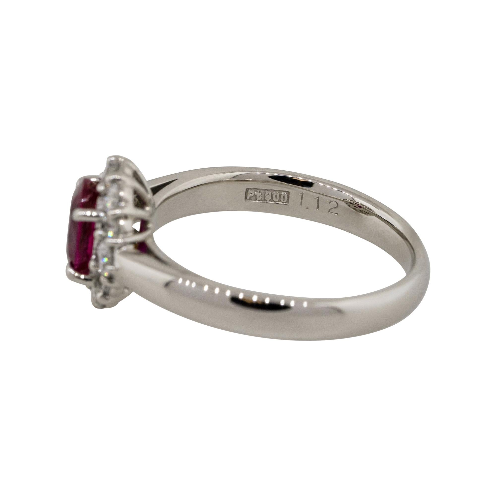 1.12 Carat Oval Ruby Center Diamond Halo Ring Platinum in Stock In New Condition For Sale In Boca Raton, FL
