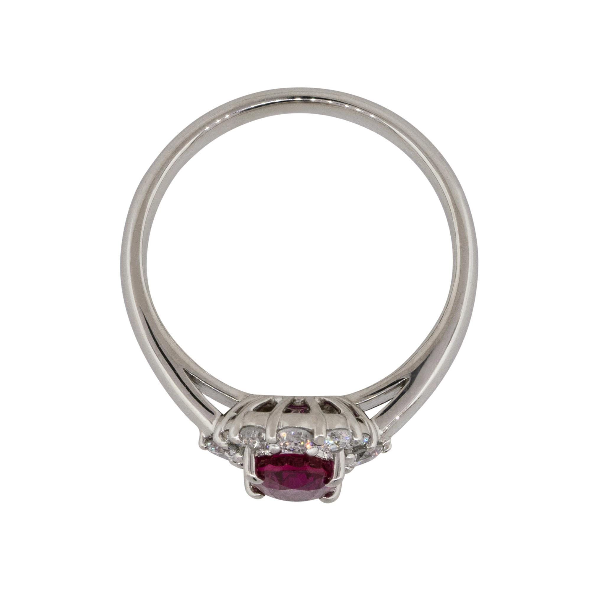 1.12 Carat Oval Ruby Center Diamond Halo Ring Platinum in Stock For Sale 1