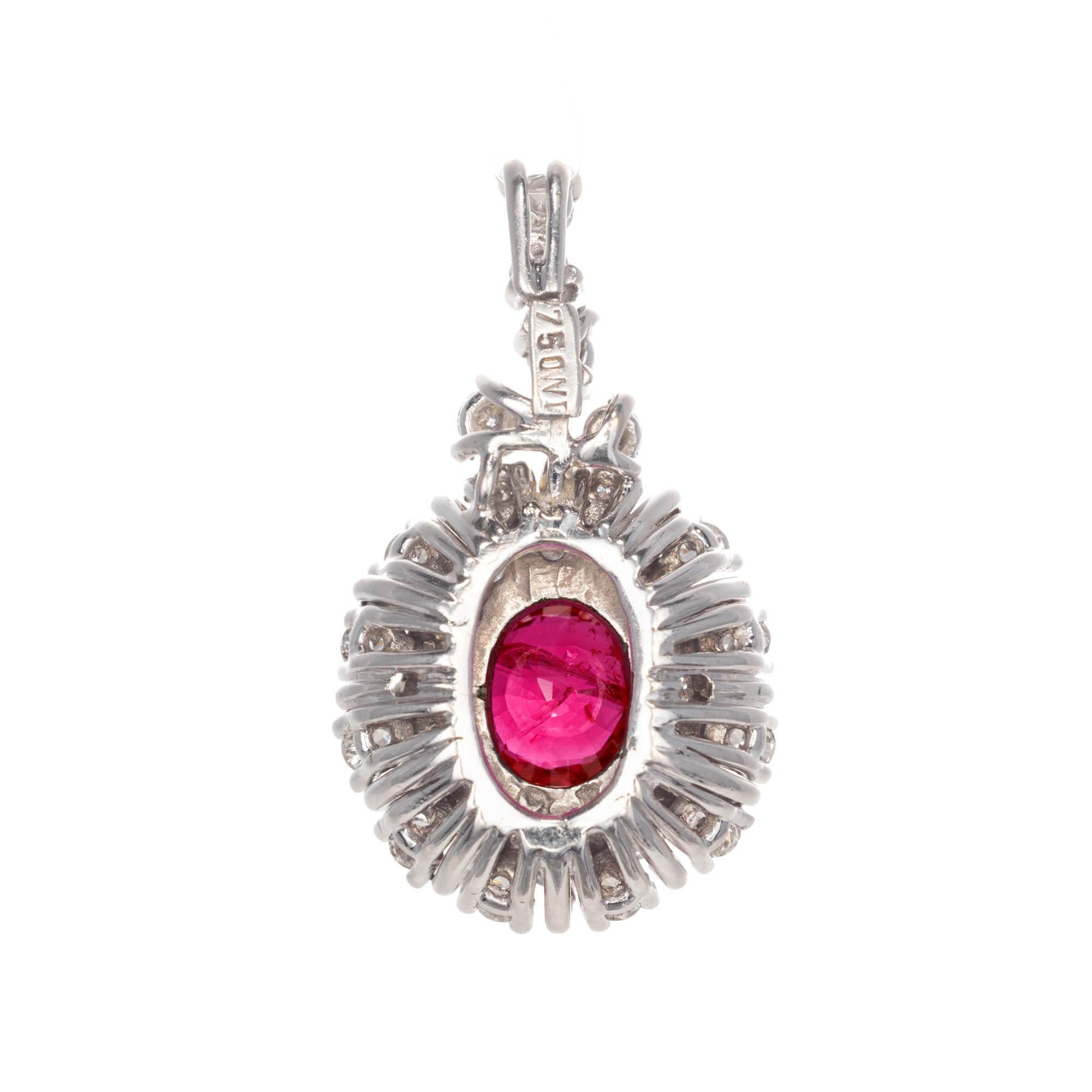 Oval Cut 1.12 Carat Oval Ruby Diamond Halo Cluster Gold Pendant For Sale
