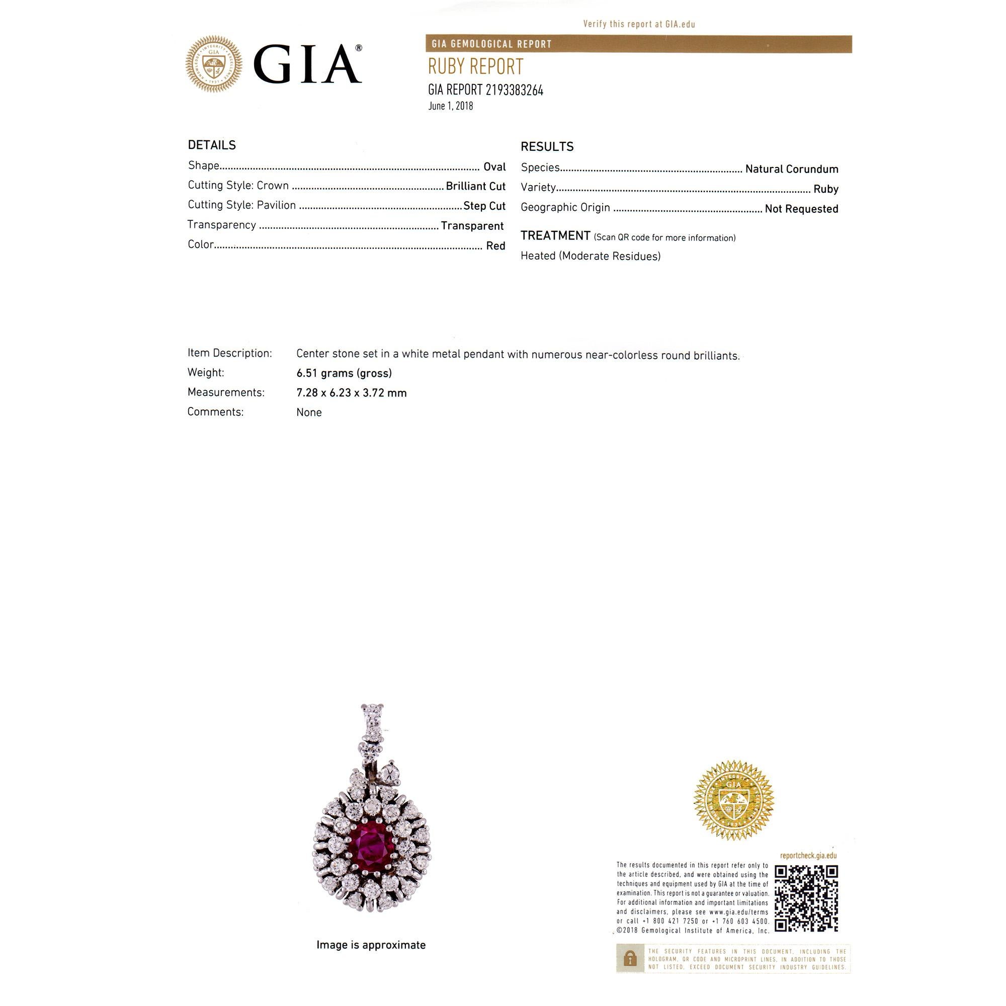 1.12 Carat Oval Ruby Diamond Halo Cluster Gold Pendant For Sale 1