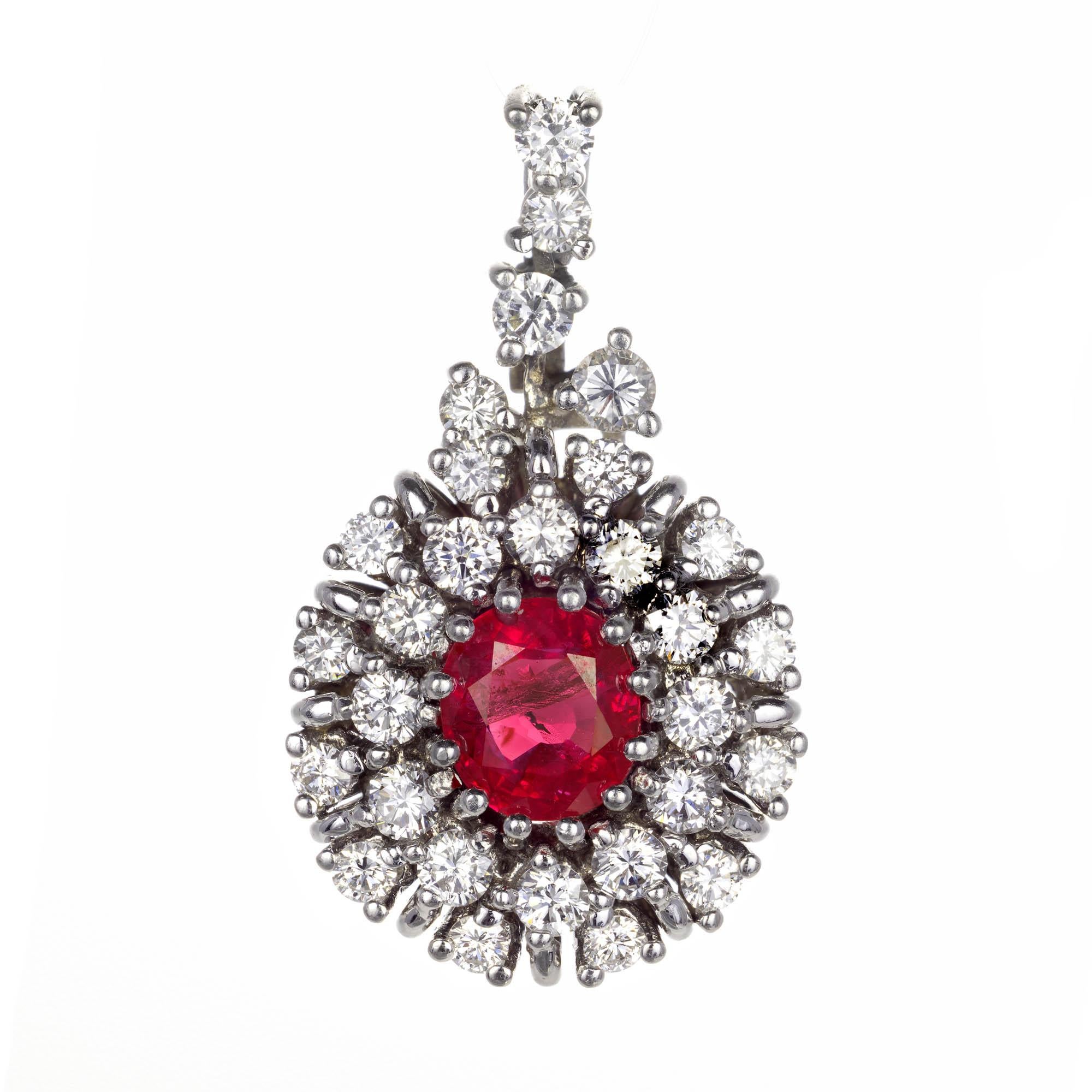 1.12 Carat Oval Ruby Diamond Halo Cluster Gold Pendant For Sale
