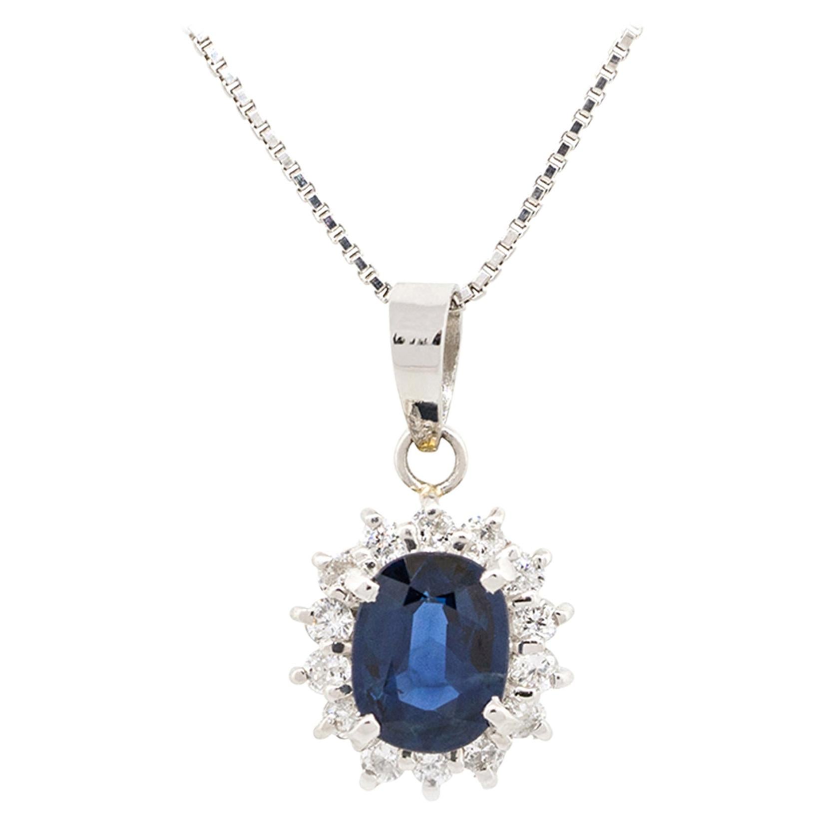 1.12 Carat Oval Sapphire Diamond Pendant Necklace Platinum in Stock