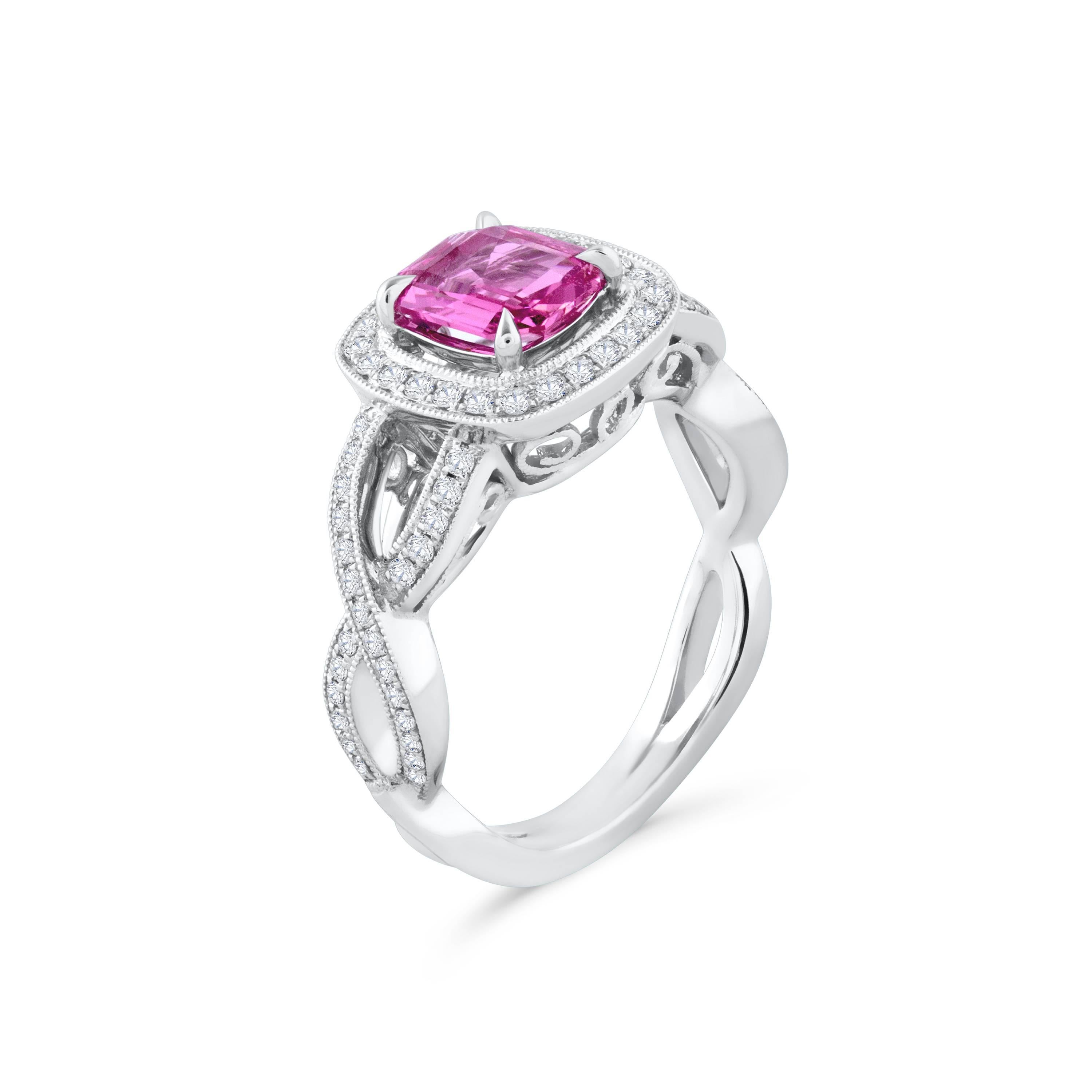 Roman Malakov 1.12 Emerald Cut Pink Sapphire and Diamond Halo Engagement Ring In New Condition For Sale In New York, NY