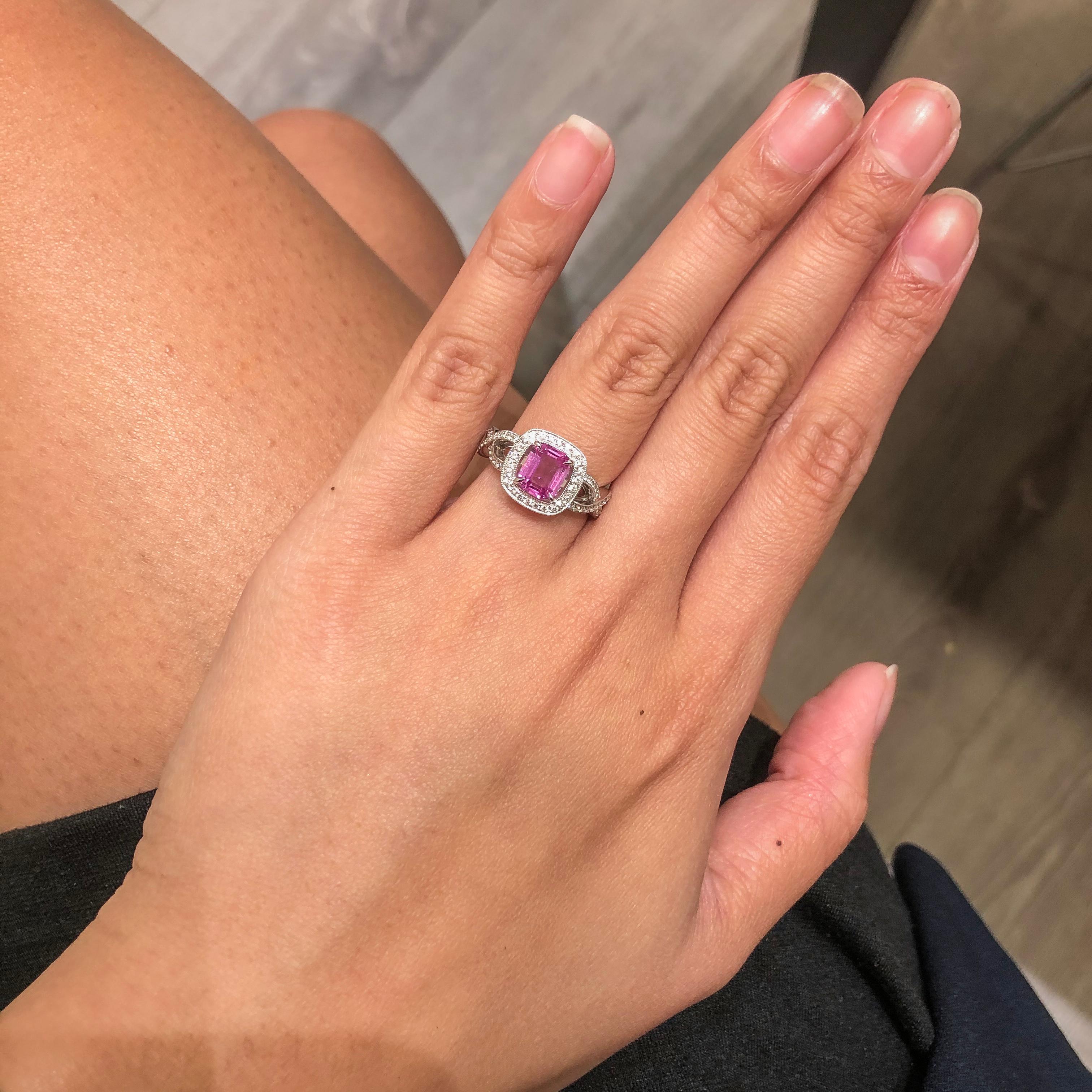 Roman Malakov 1.12 Emerald Cut Pink Sapphire and Diamond Halo Engagement Ring For Sale 1