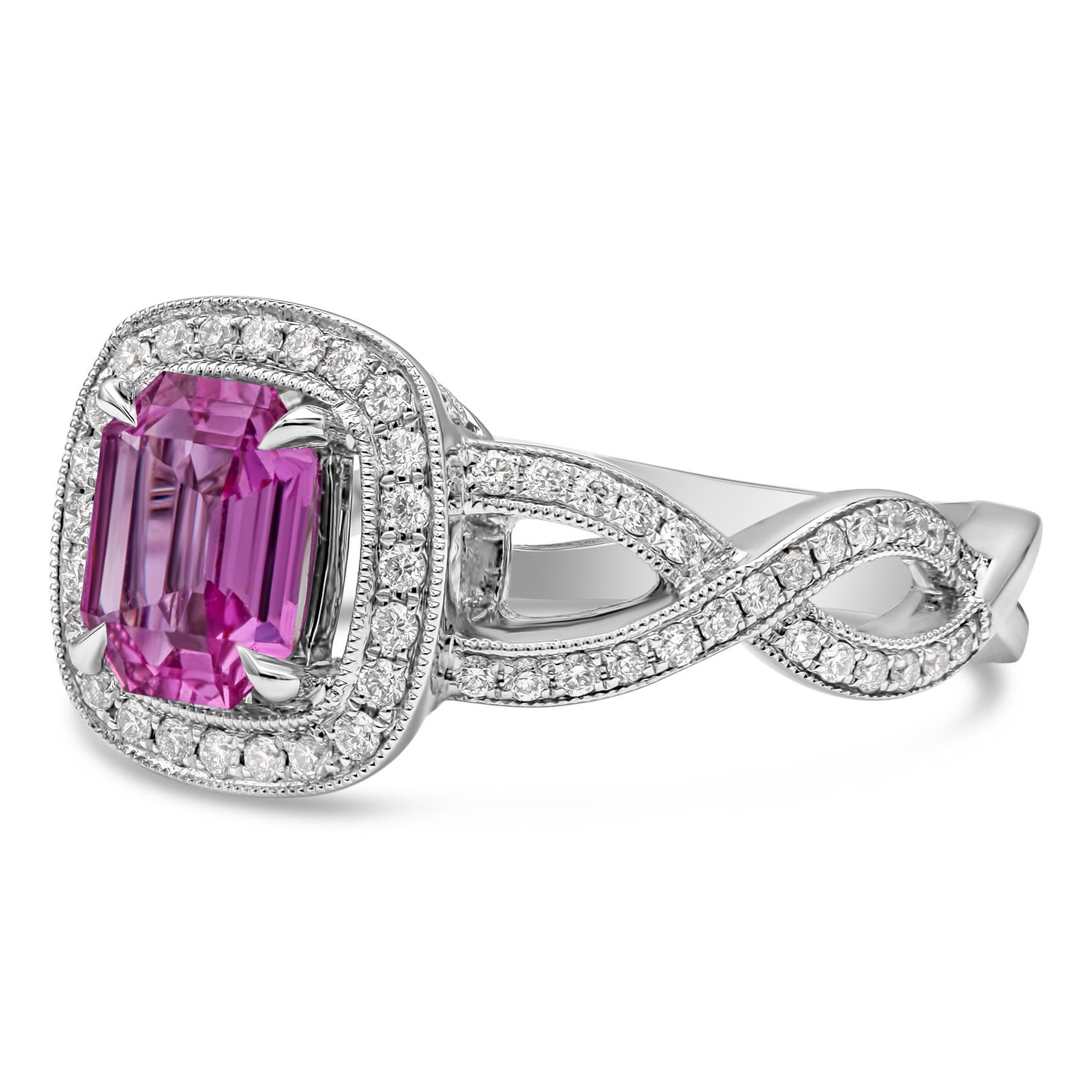 Modern Roman Malakov 1.12 Emerald Cut Pink Sapphire and Diamond Halo Engagement Ring For Sale