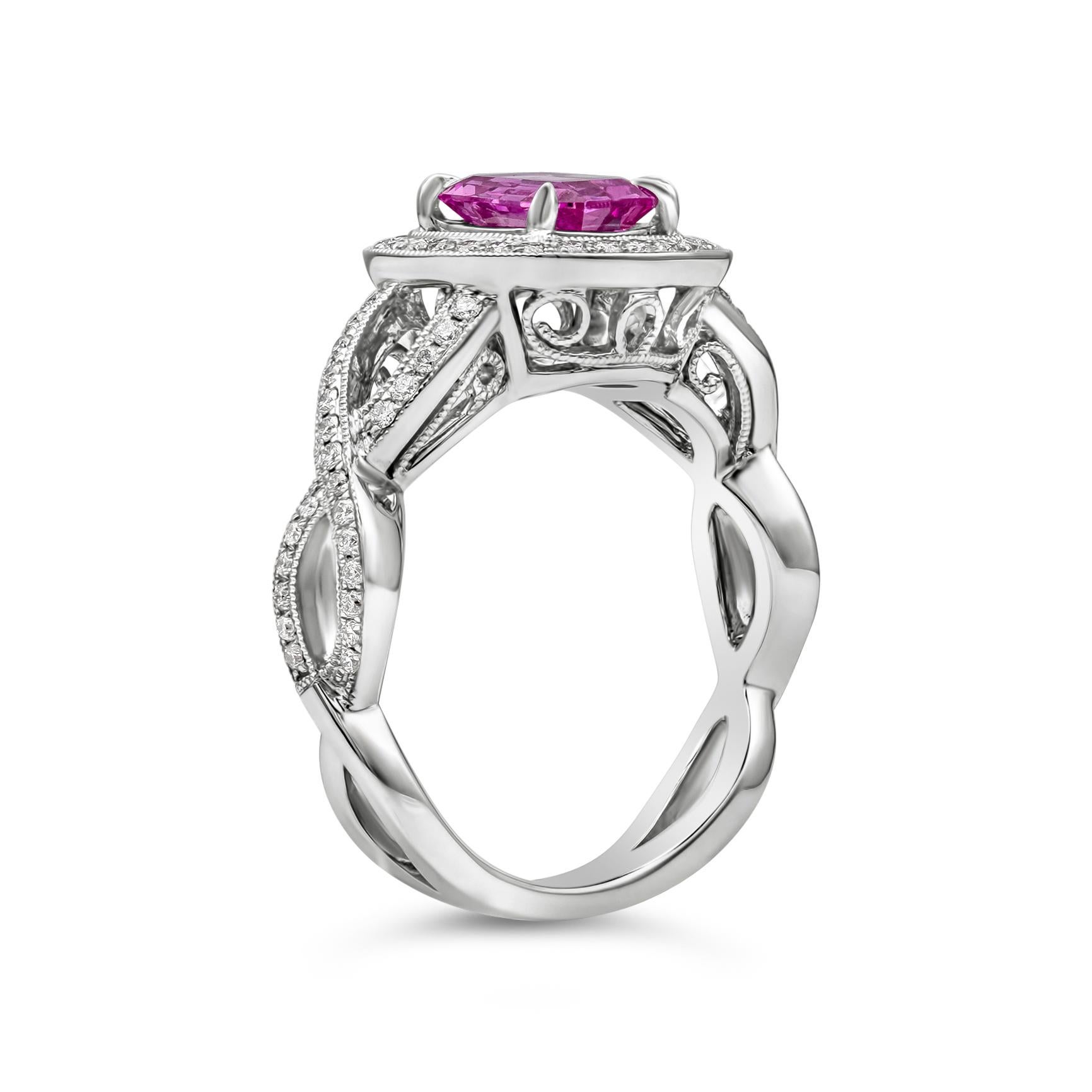 Women's Roman Malakov 1.12 Emerald Cut Pink Sapphire and Diamond Halo Engagement Ring For Sale