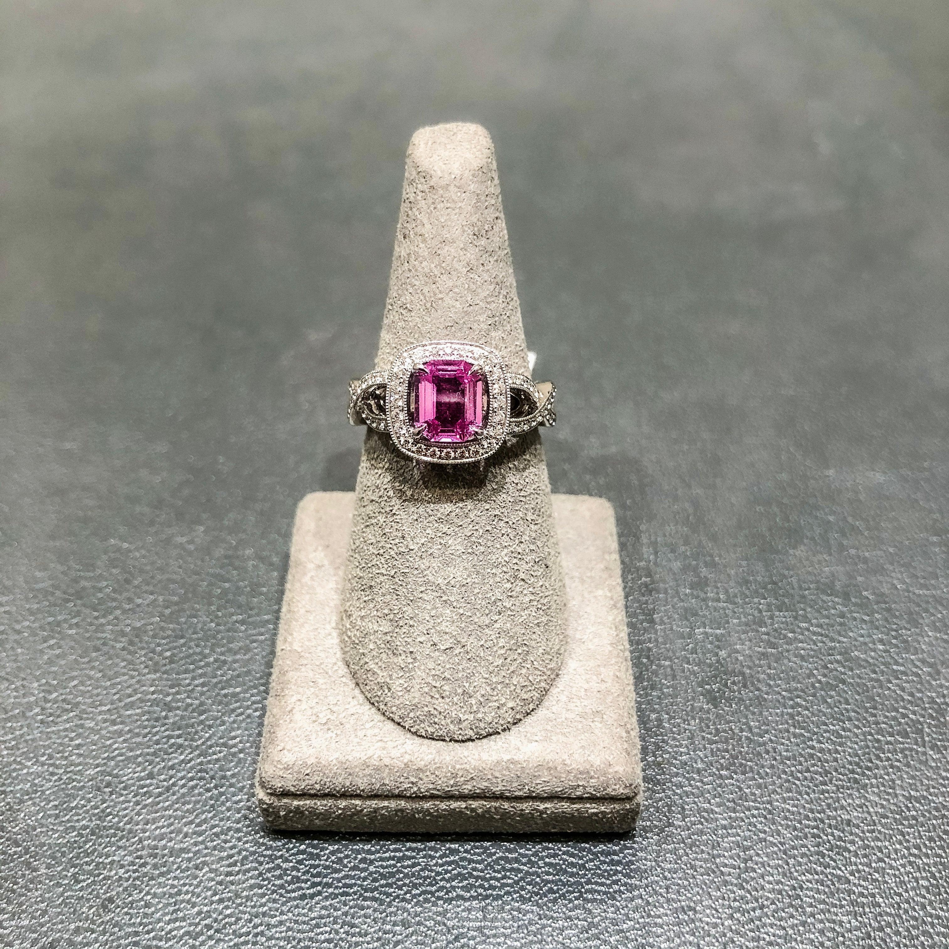 Roman Malakov 1.12 Emerald Cut Pink Sapphire and Diamond Halo Engagement Ring For Sale 2
