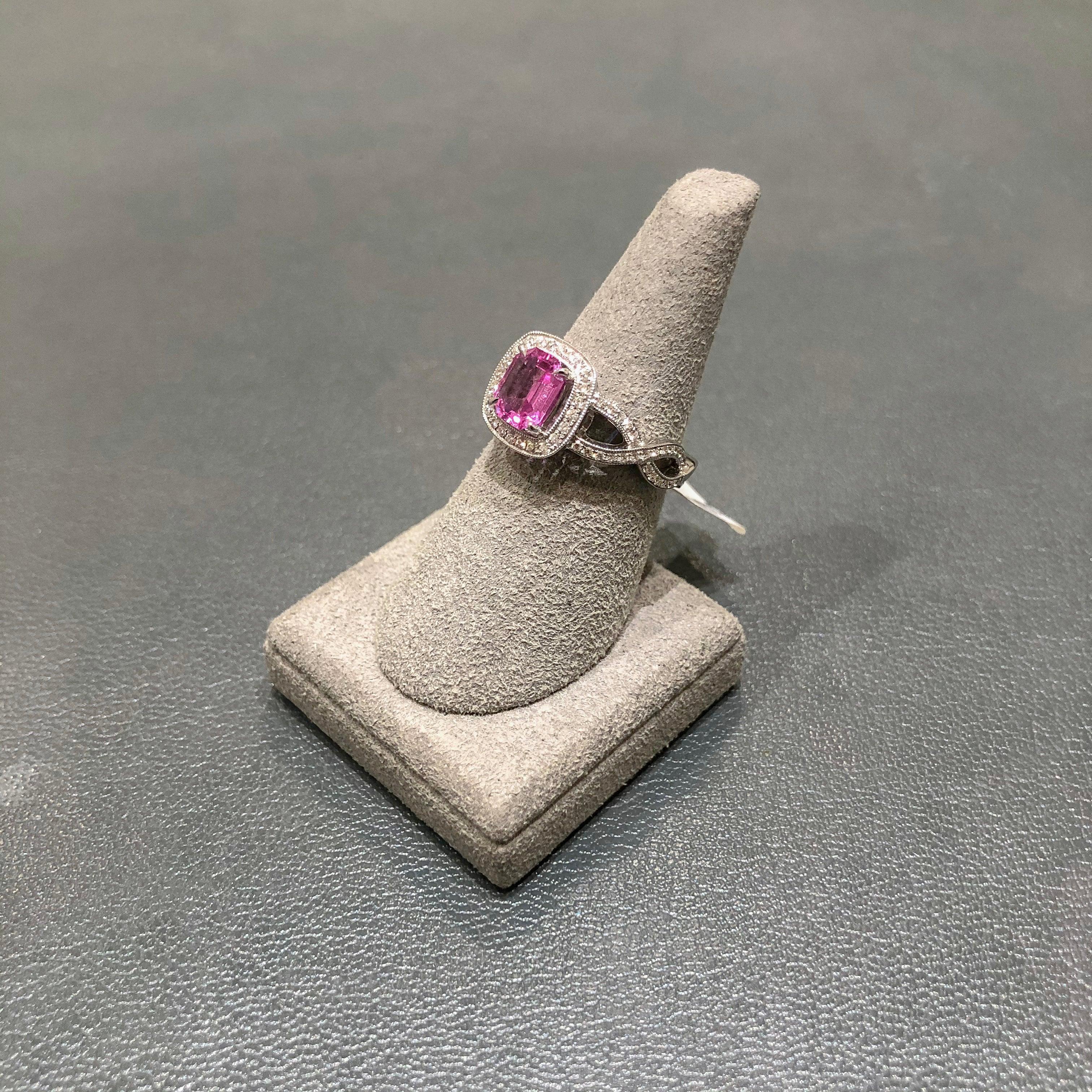 Roman Malakov 1.12 Emerald Cut Pink Sapphire and Diamond Halo Engagement Ring For Sale 3