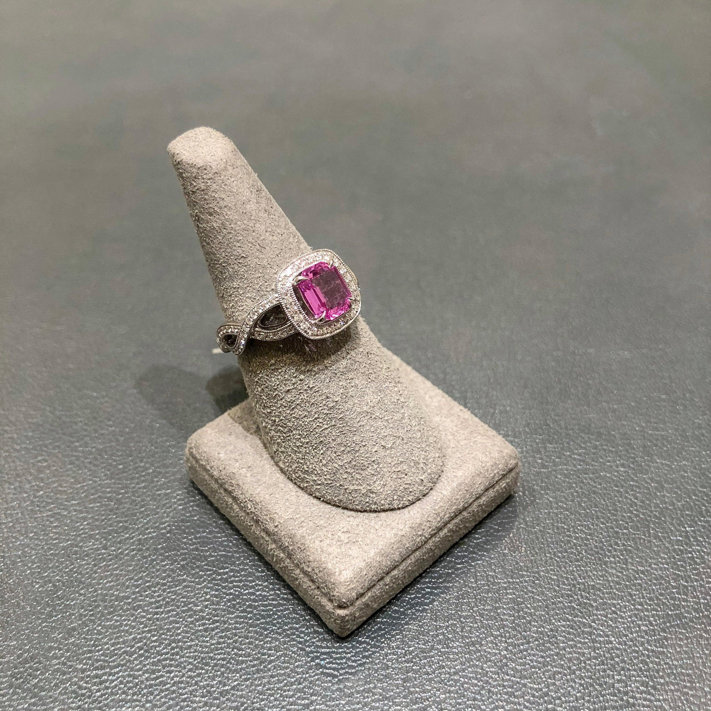 Roman Malakov 1.12 Emerald Cut Pink Sapphire and Diamond Halo Engagement Ring For Sale 4