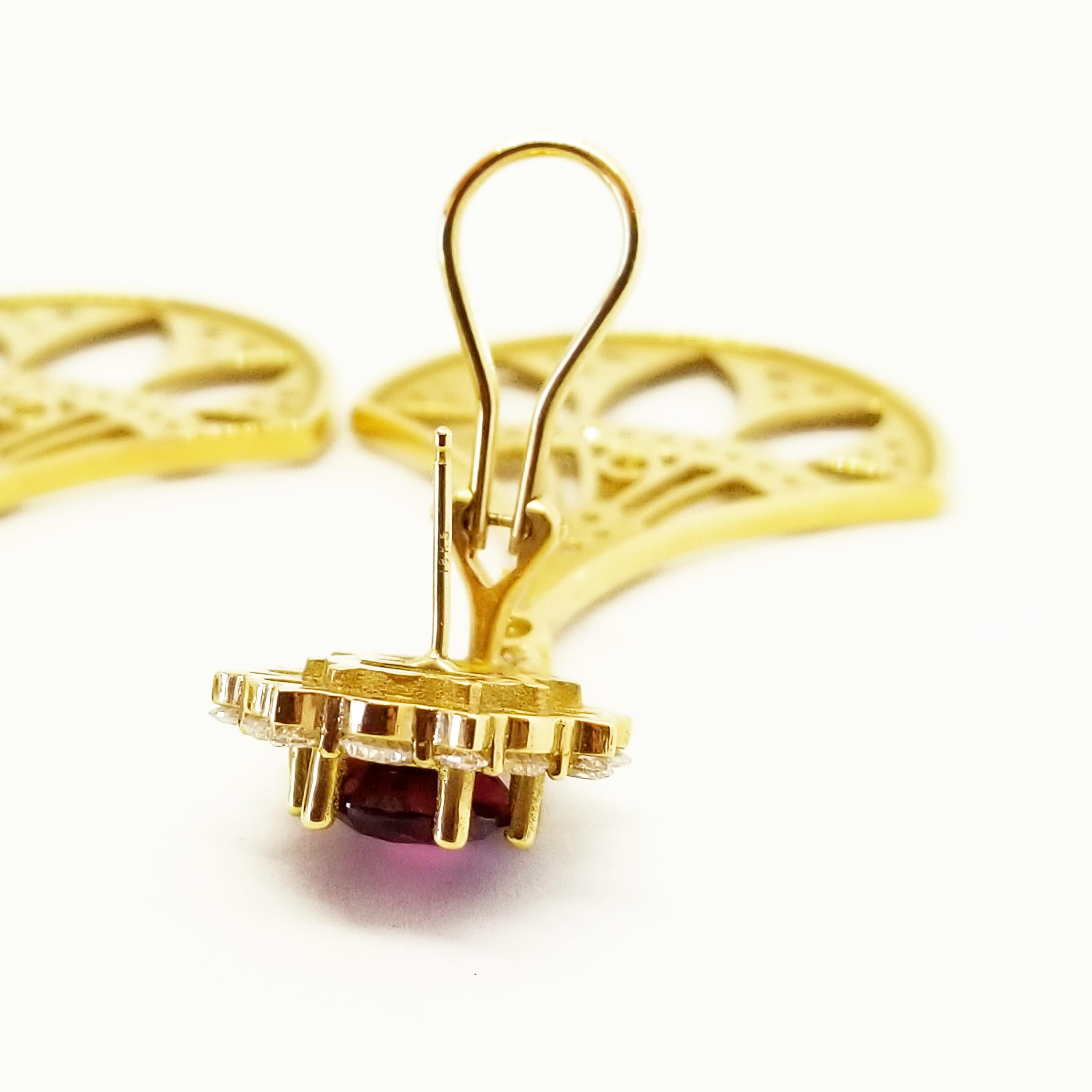 11.2 Carat Rhodolite Garnet Diamond Custom Designed Fan Drop Statement Earrings For Sale 3
