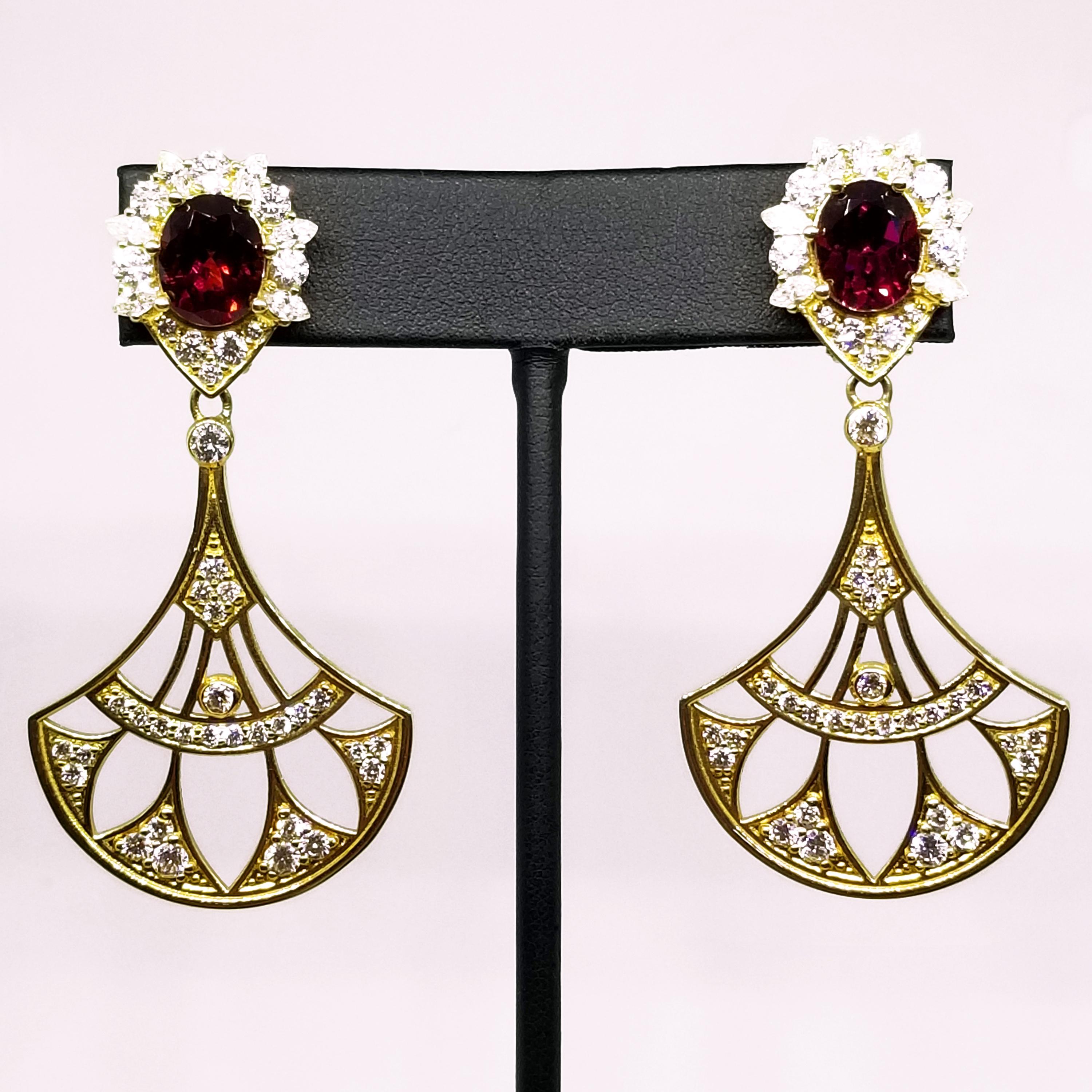 11.2 Carat Rhodolite Garnet Diamond Custom Designed Fan Drop Statement Earrings For Sale 4