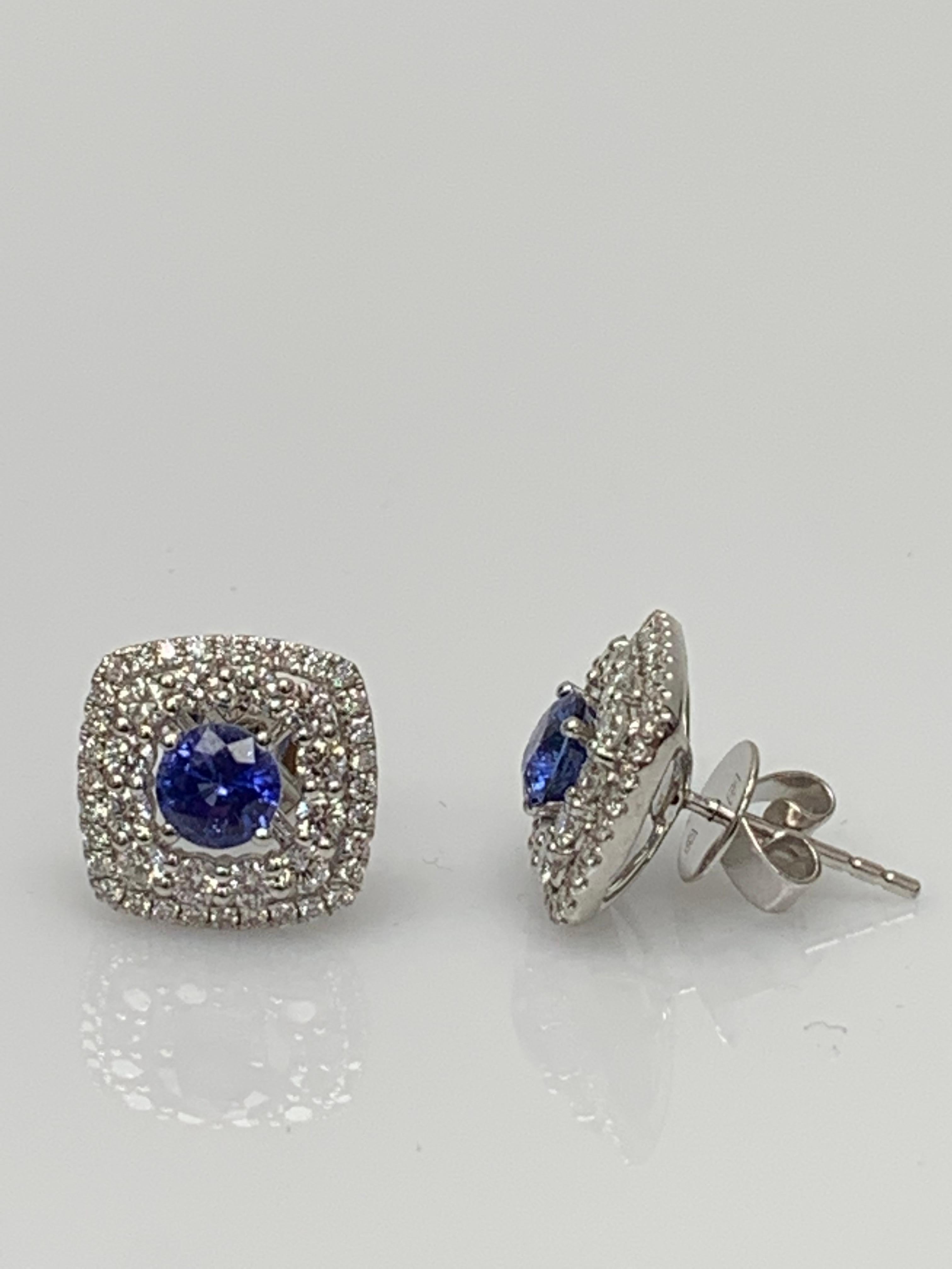 Pendientes de zafiro azul talla redonda de 1,12 quilates y diamantes en oro blanco de 18 quilates Corte redondo en venta