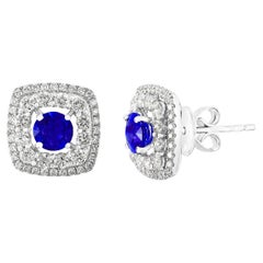 1.12 Carat Round Cut Blue Sapphire and Diamond Stud Earrings in 18K White Gold