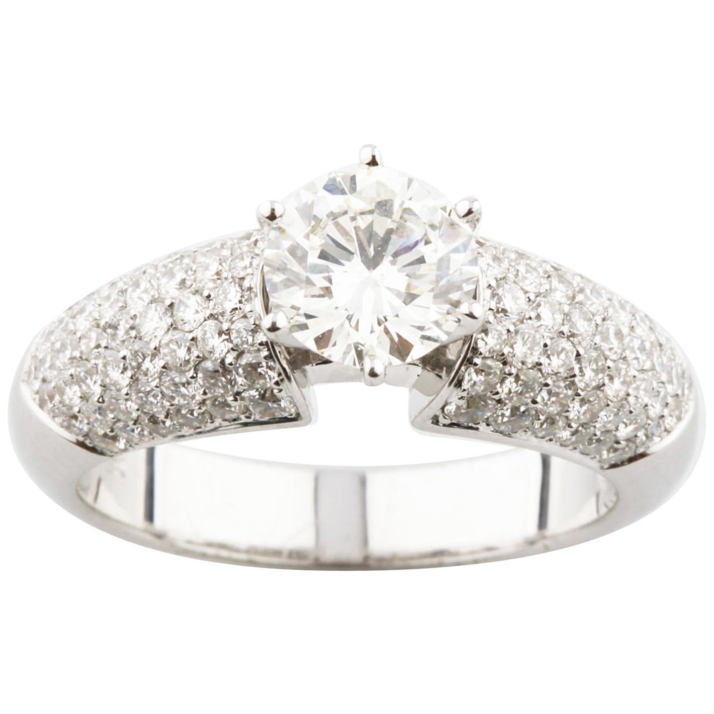 1.12 Carat Round Diamond Solitaire Ring with Pave Accents in White Gold For Sale