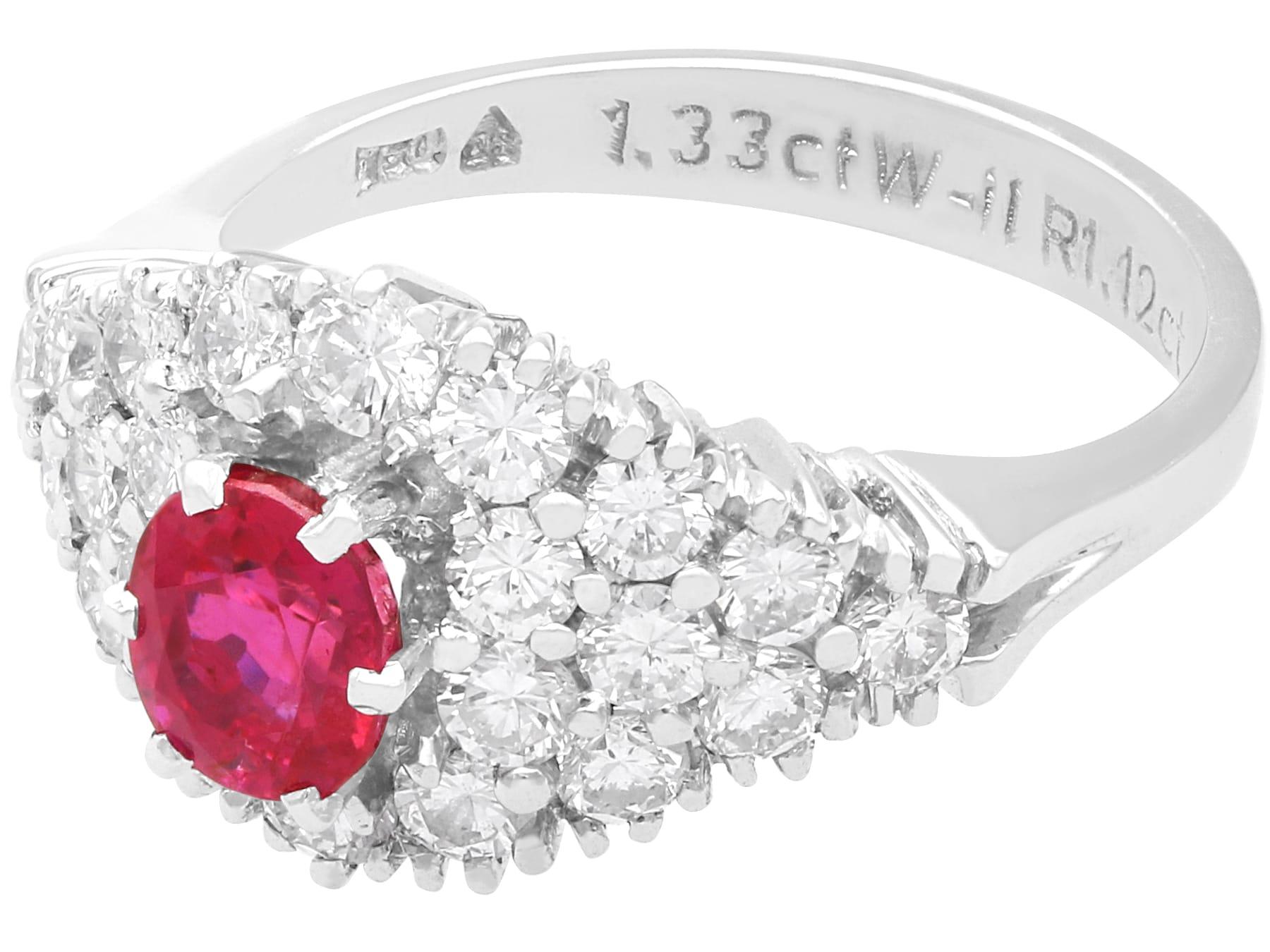1.12 Carat Ruby and 1.33 Carat Diamond 18k White Gold Dress Ring Circa 1970 For Sale 1