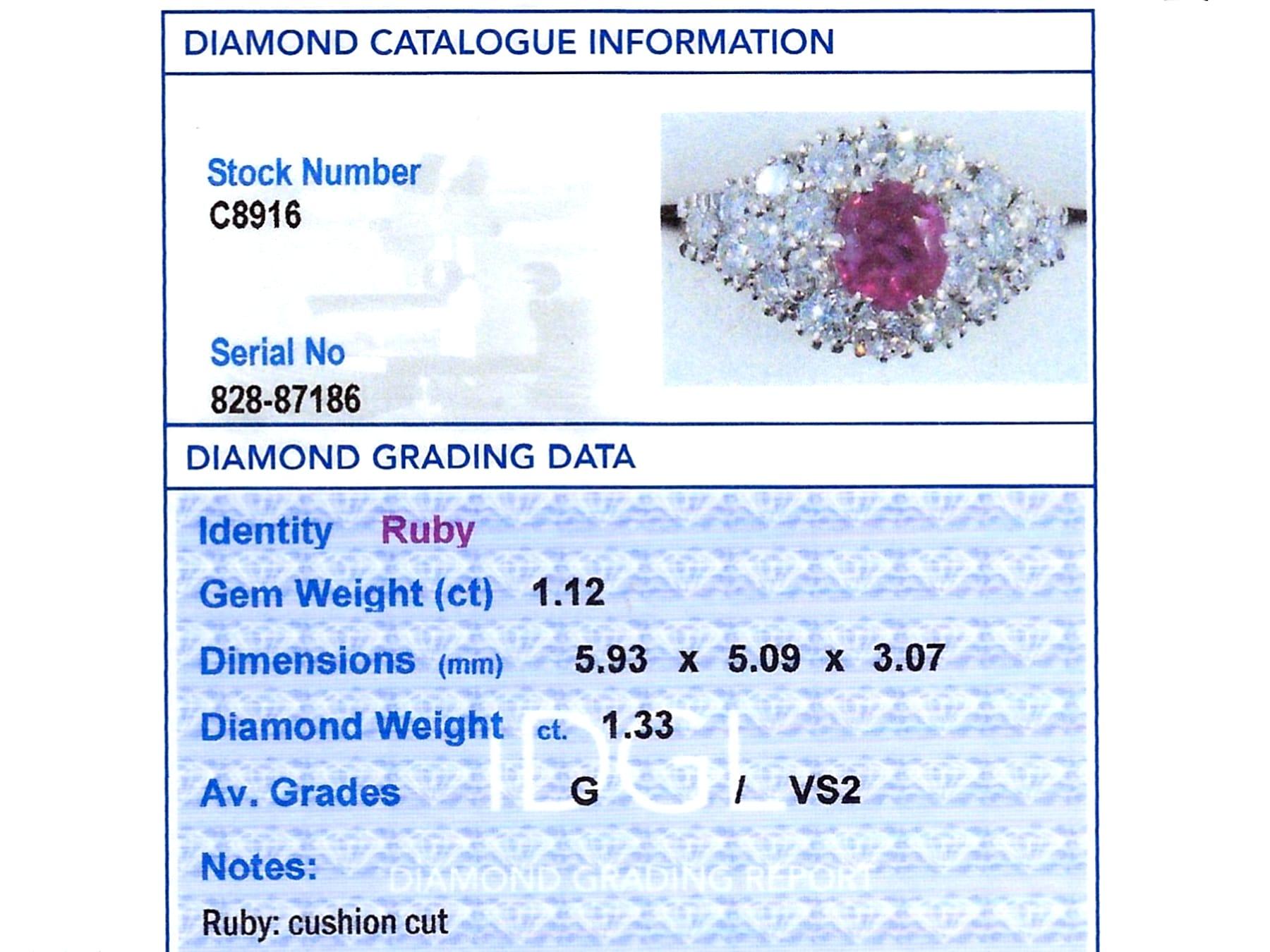 1.12 Carat Ruby and 1.33 Carat Diamond 18k White Gold Dress Ring Circa 1970 For Sale 4